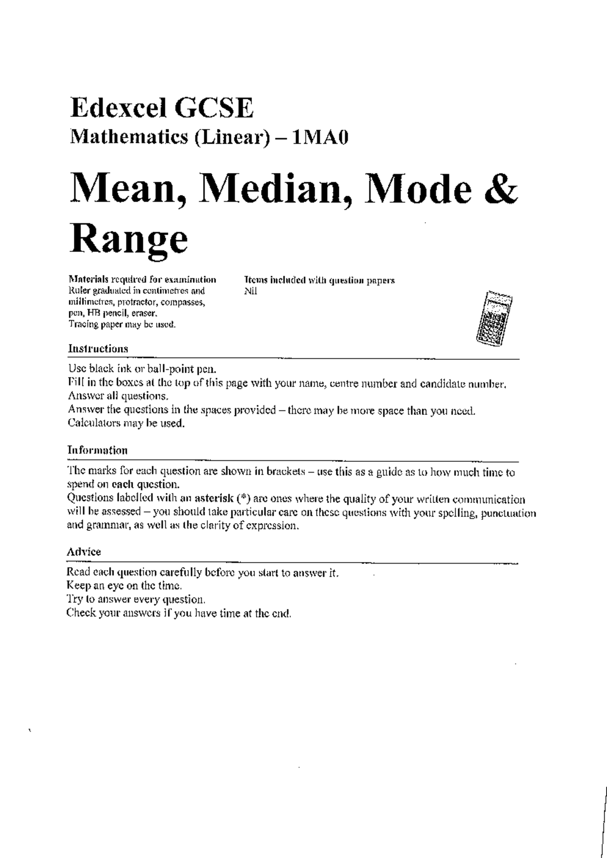 20 meanmedianmoderangeans Edexcel GCSE Mathematics (Linear) 1MA0