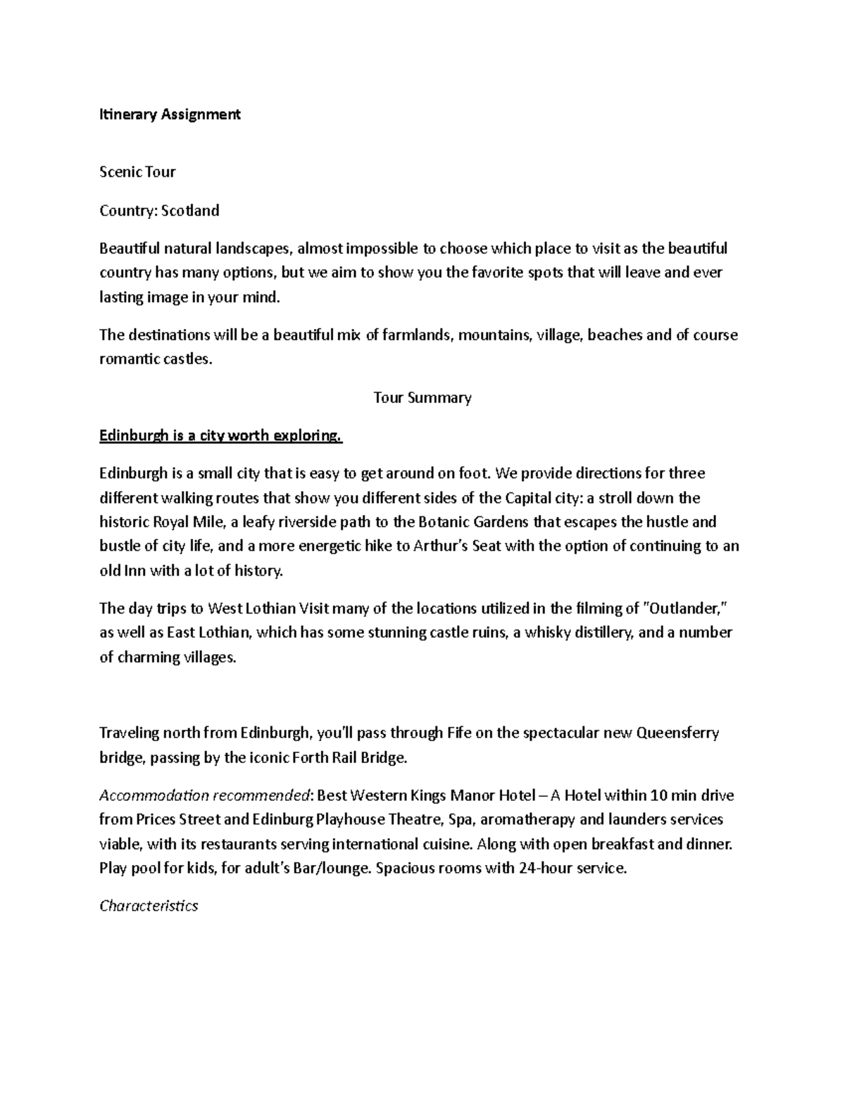 Itinerary Assignment - Itinerary Assignment Scenic Tour Country ...