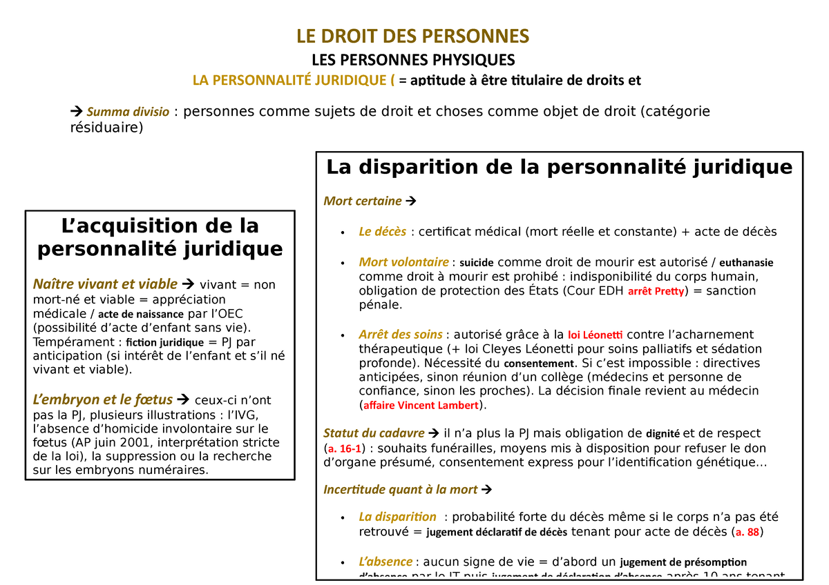 Fiches De Révision - Droit De La Famille - L Summa Divisio : Personnes ...