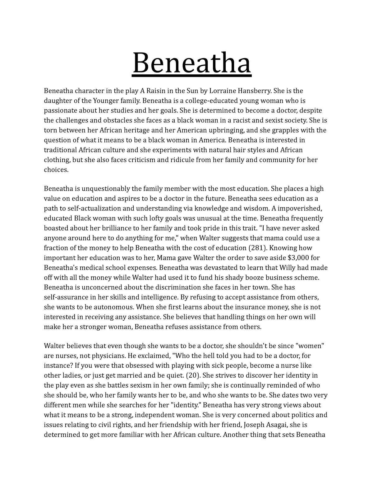 beneatha character analysis essay