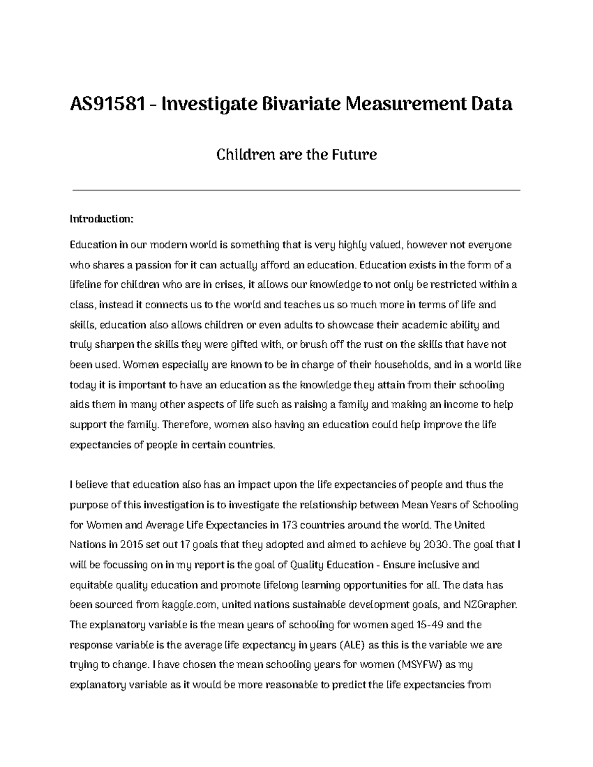 Bivariate Data Assessment - As91581 - Investigate Bivariate Measurement 