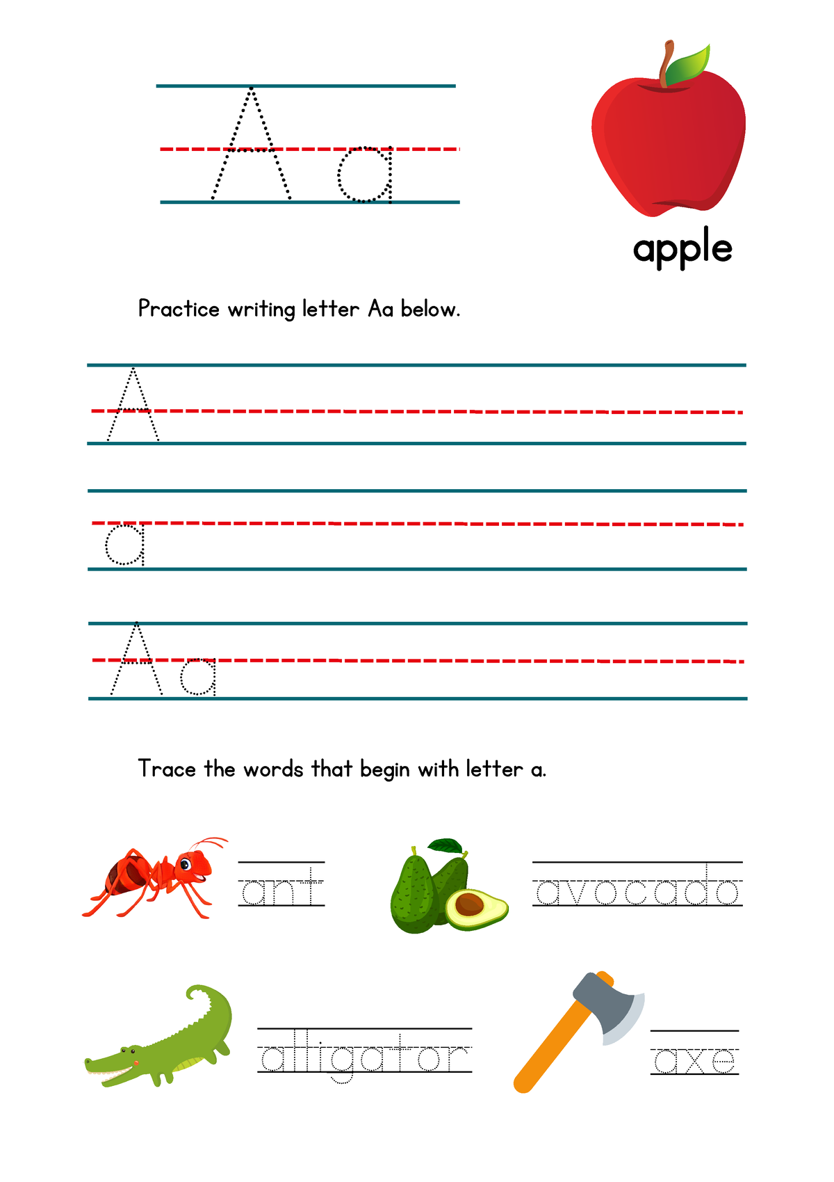 Writing Letter Aa Worksheet - ####### A ant apple Practice writing ...