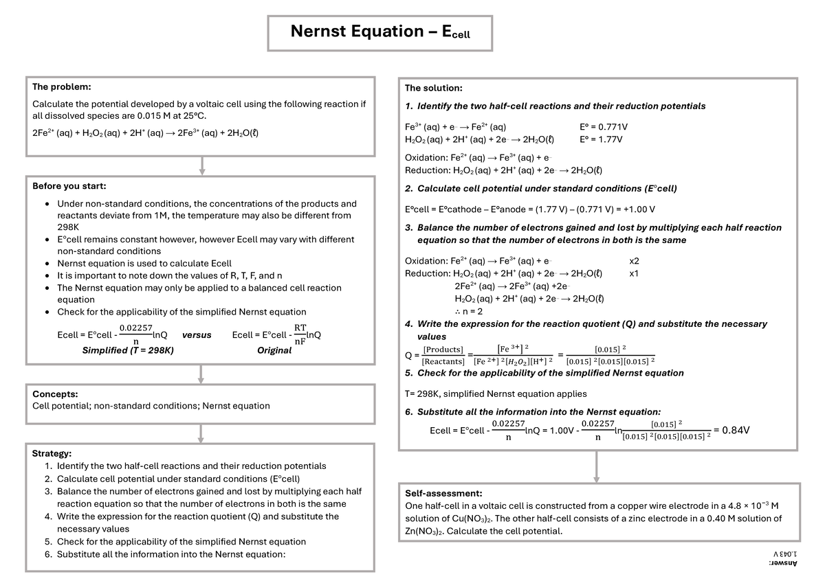 Nernst Equation Ecell Chemorganisers - Nernst Equation – Ecell The ...