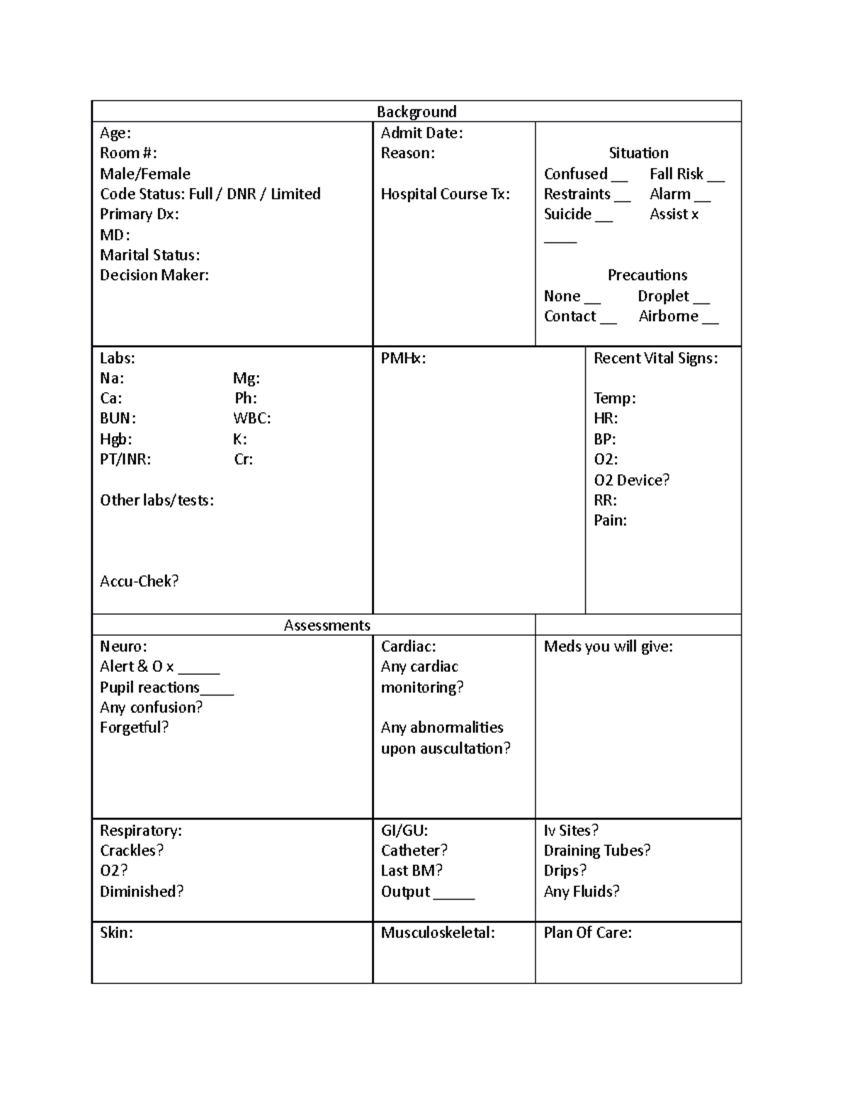 Clinical Sheet - template - Background Age: Room #: Male/Female Code ...