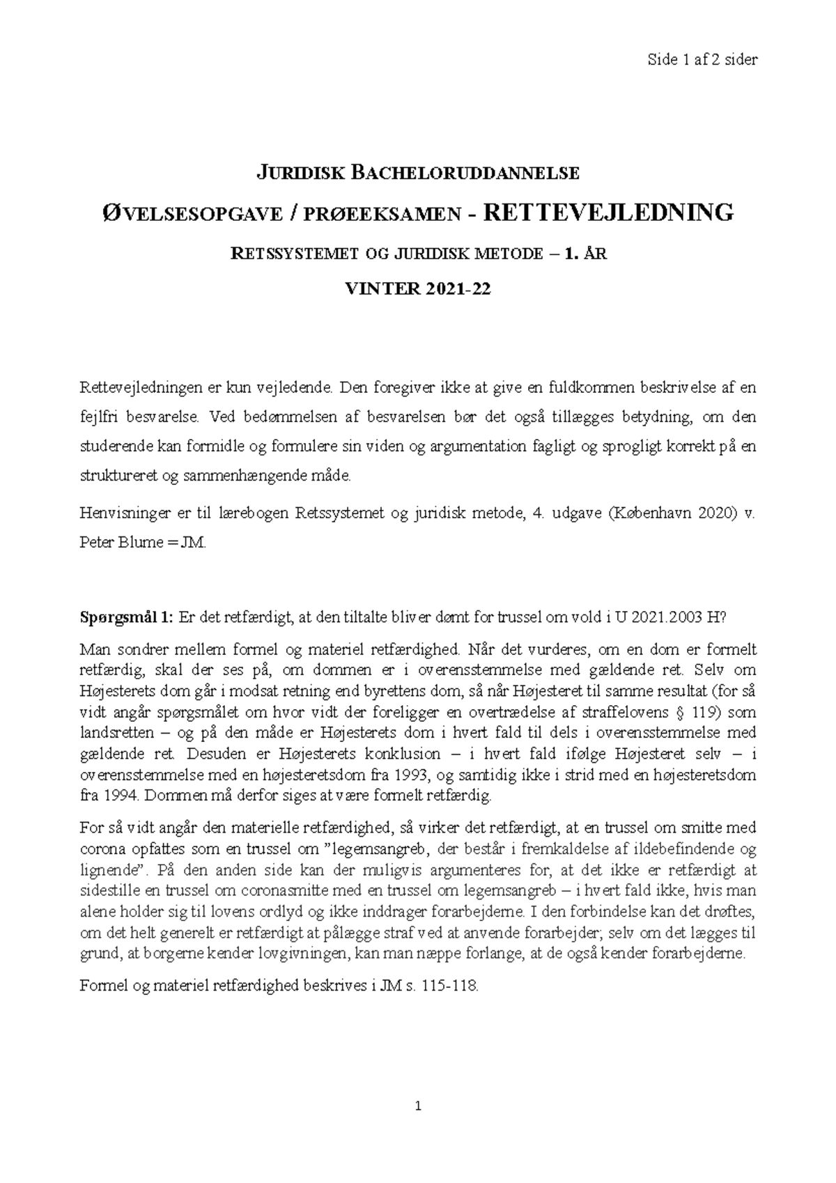 RJM Prøveksamen E2021 - Rettevejledning - Side 1 Af 2 Sider JURIDISK ...