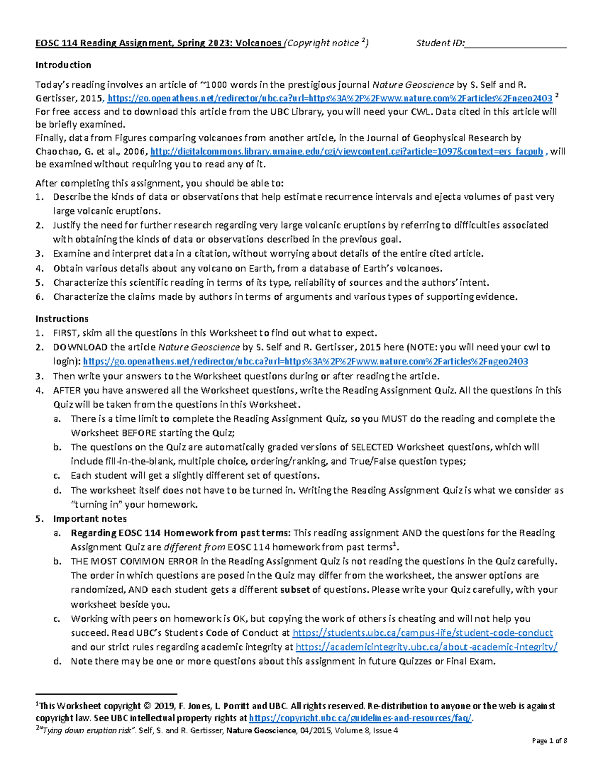 EOSC114 VO Reading Assignment-Spring 2023 - EOSC 114 Reading Assignment ...