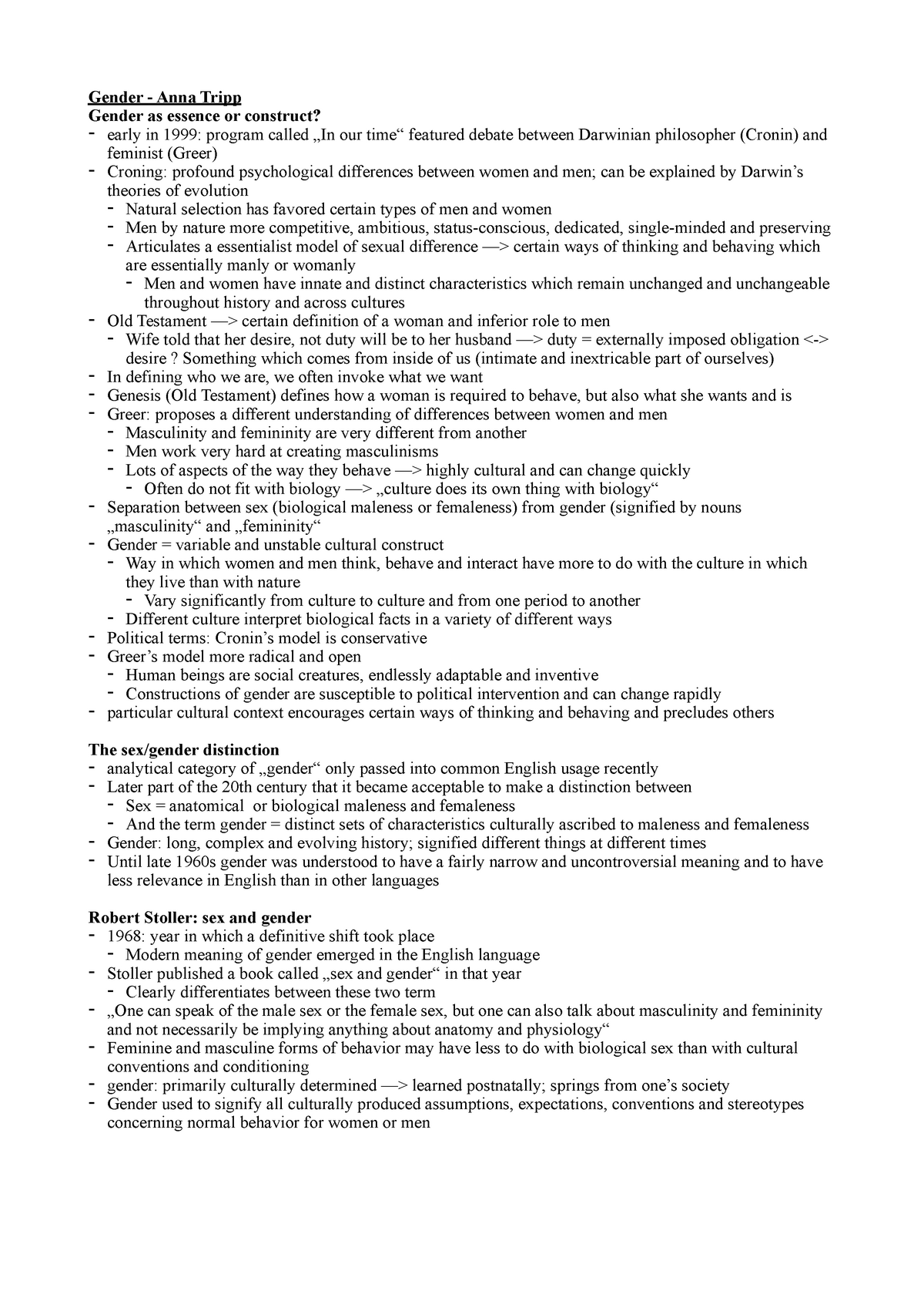Gender - Anna Tripp (cultural studies 5.1session 5) - Gender - Anna Tripp  Gender as essence or - Studocu