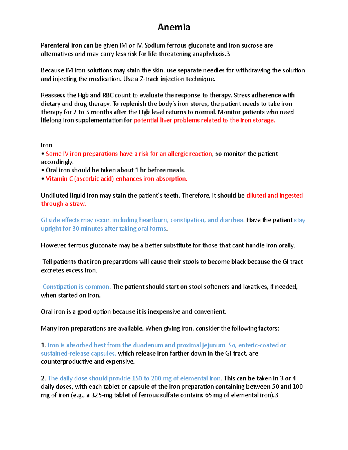 Anemias - lecture note for review - Parenteral iron can be given IM or ...