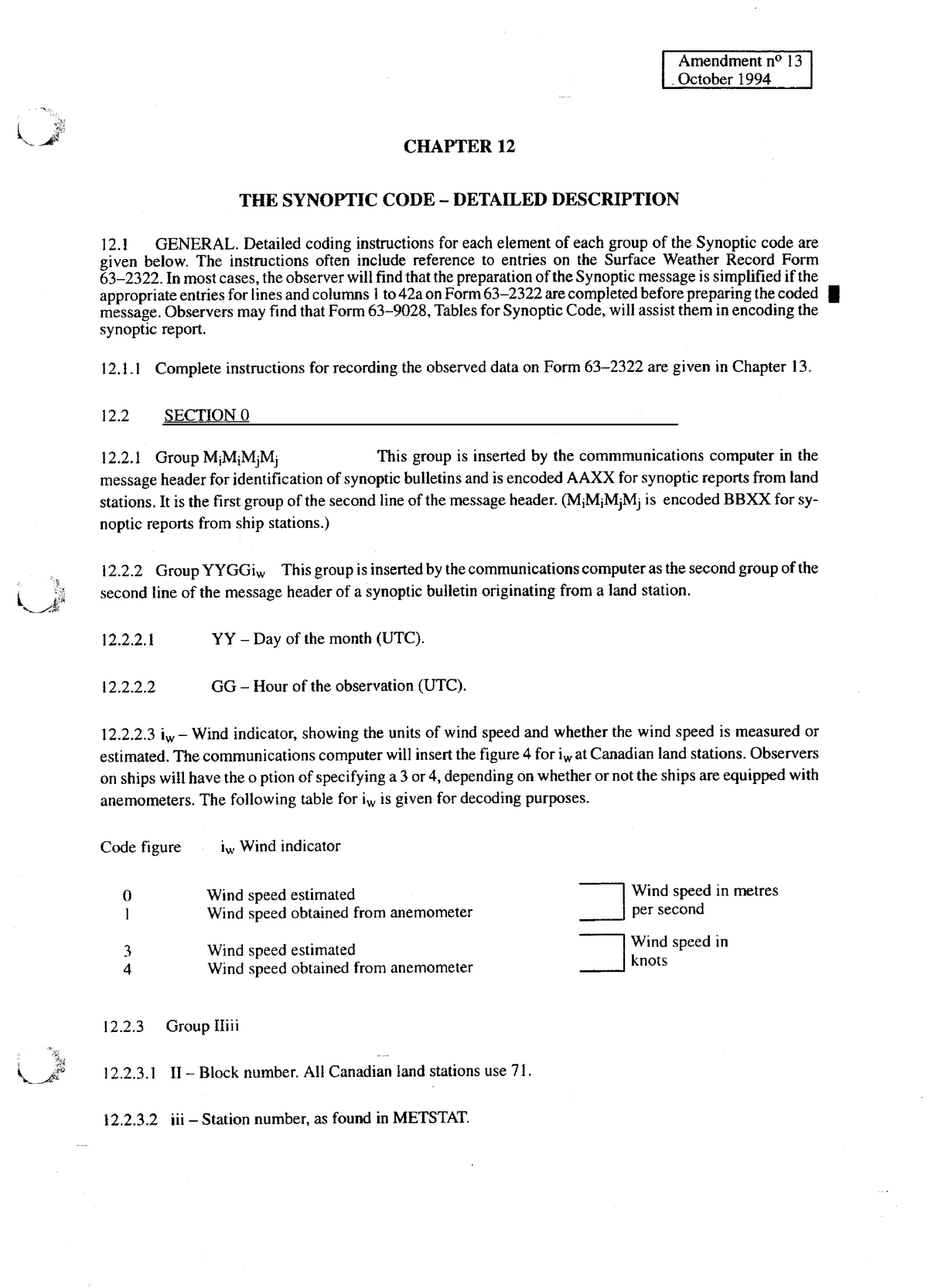 Synoptic codes for sea and land station - Amendmentnoi~ October 1994 ...