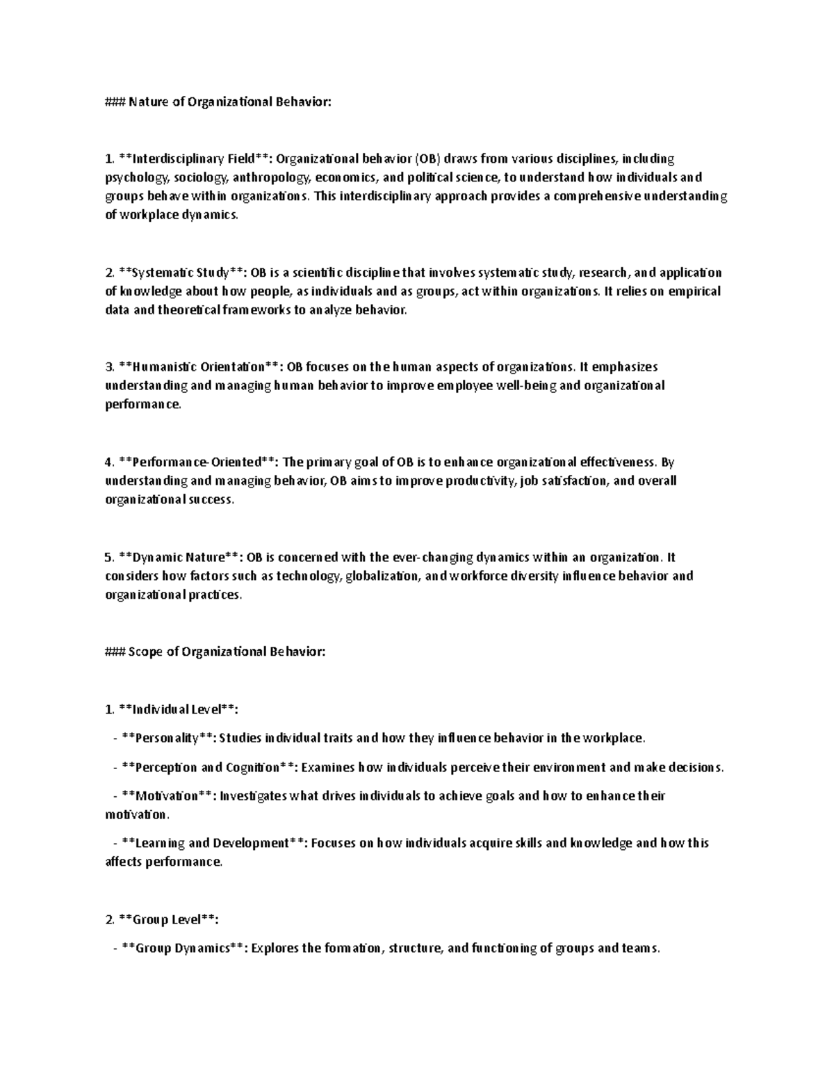 OB by chatgpt best notes - ### Nature of OrganizaƟonal Behavior: 1 ...
