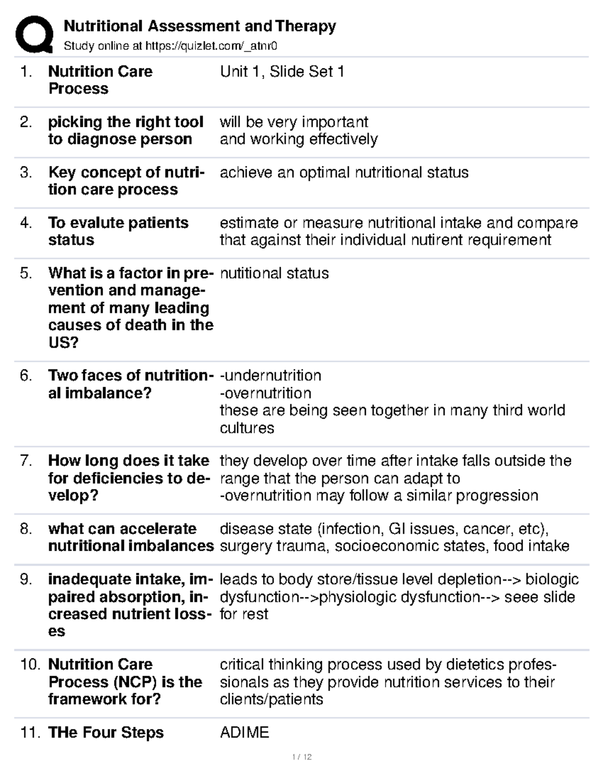 Nutritional Assessment and Therapy Study online at quizlet/_atnr