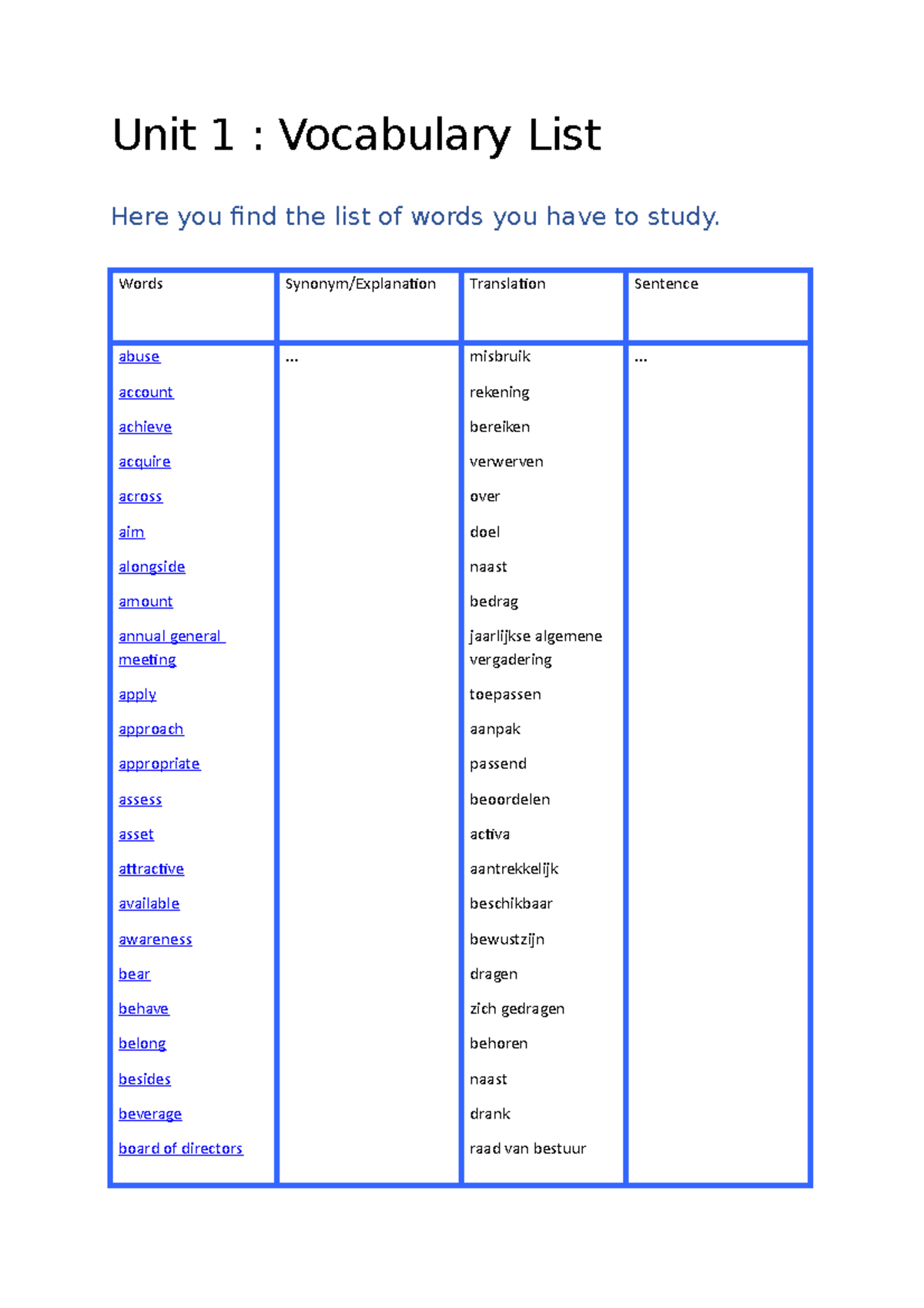 Unit 1 Vocabulary List - Woordenlijst Engels 1 - Unit 1 : Vocabulary ...