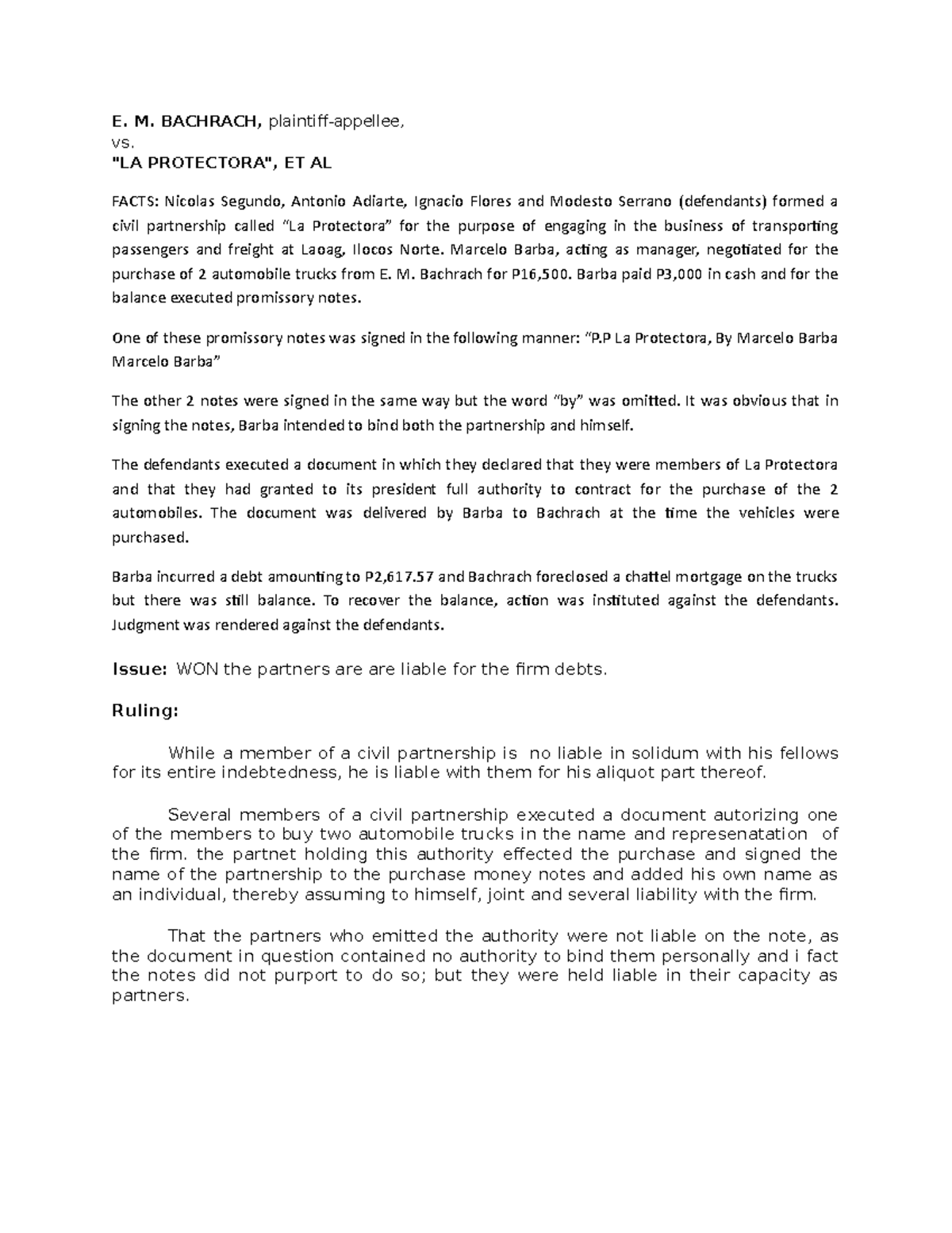 Partnership - E. M. BACHRACH, plaintiff-appellee, vs. 