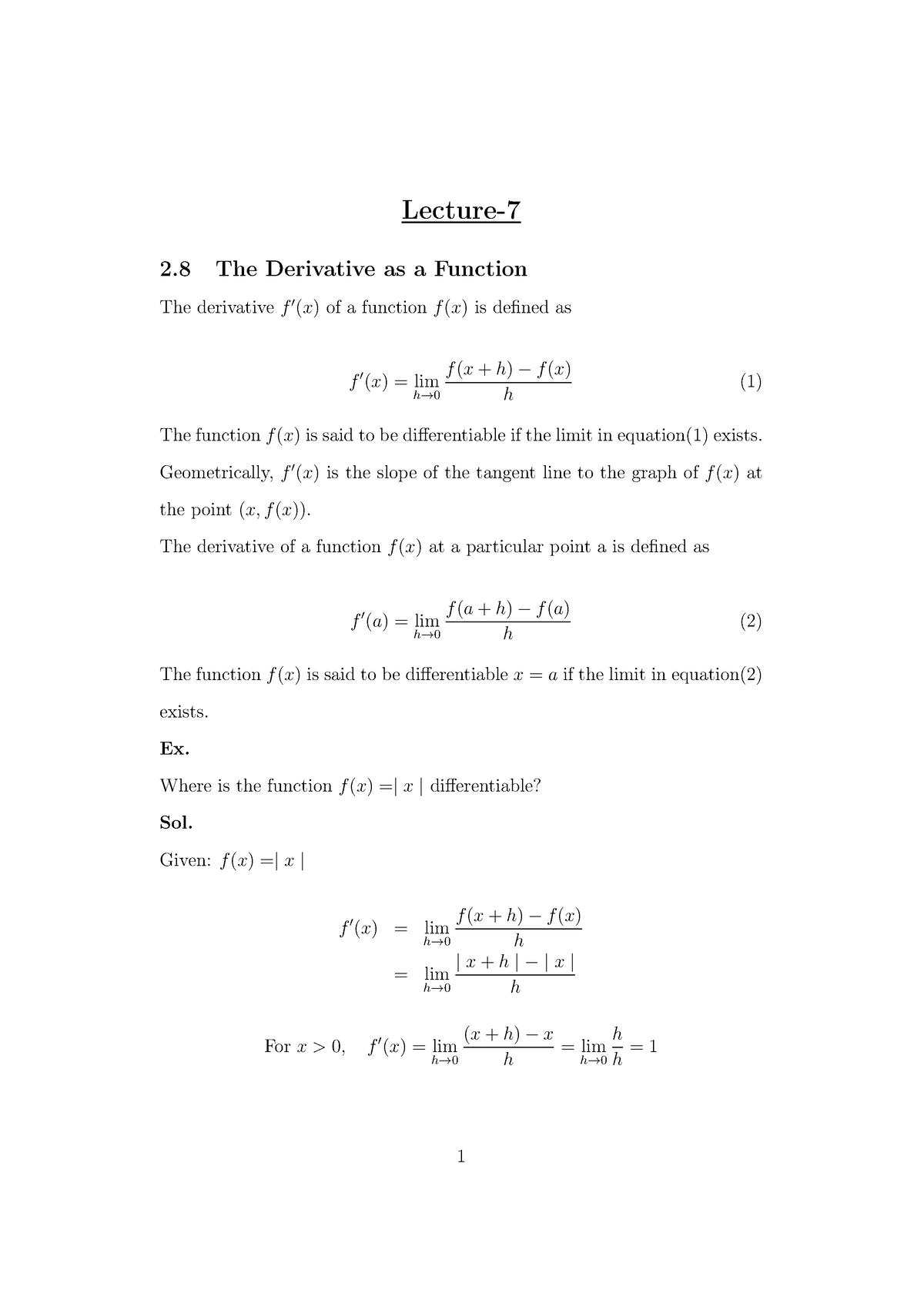 Lecture 7 Notes Lecture 2 The Derivative As A Function The