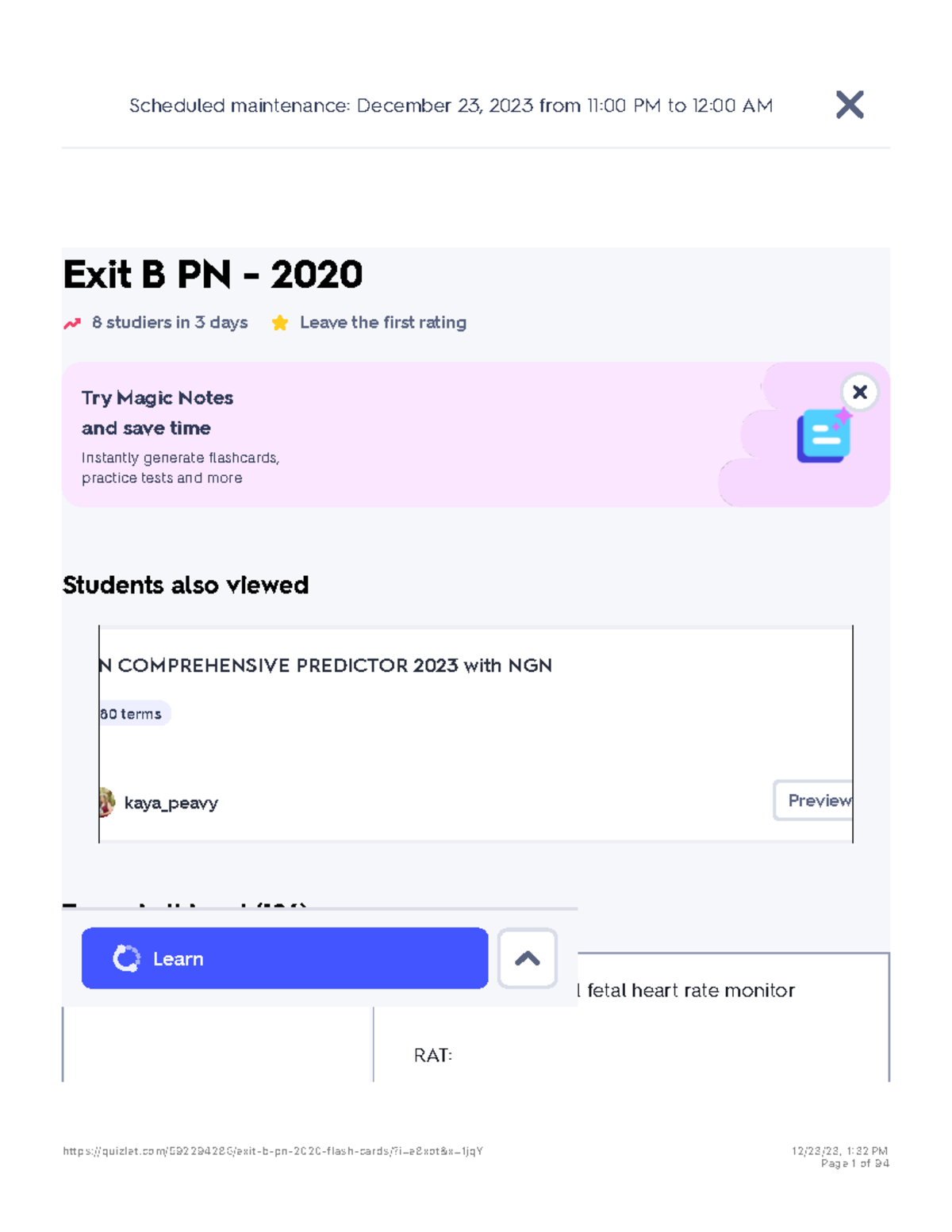 Exit B PN 2020 Flashcards Quizlet Scheduled maintenance December 23, 2023 from 1100 PM to