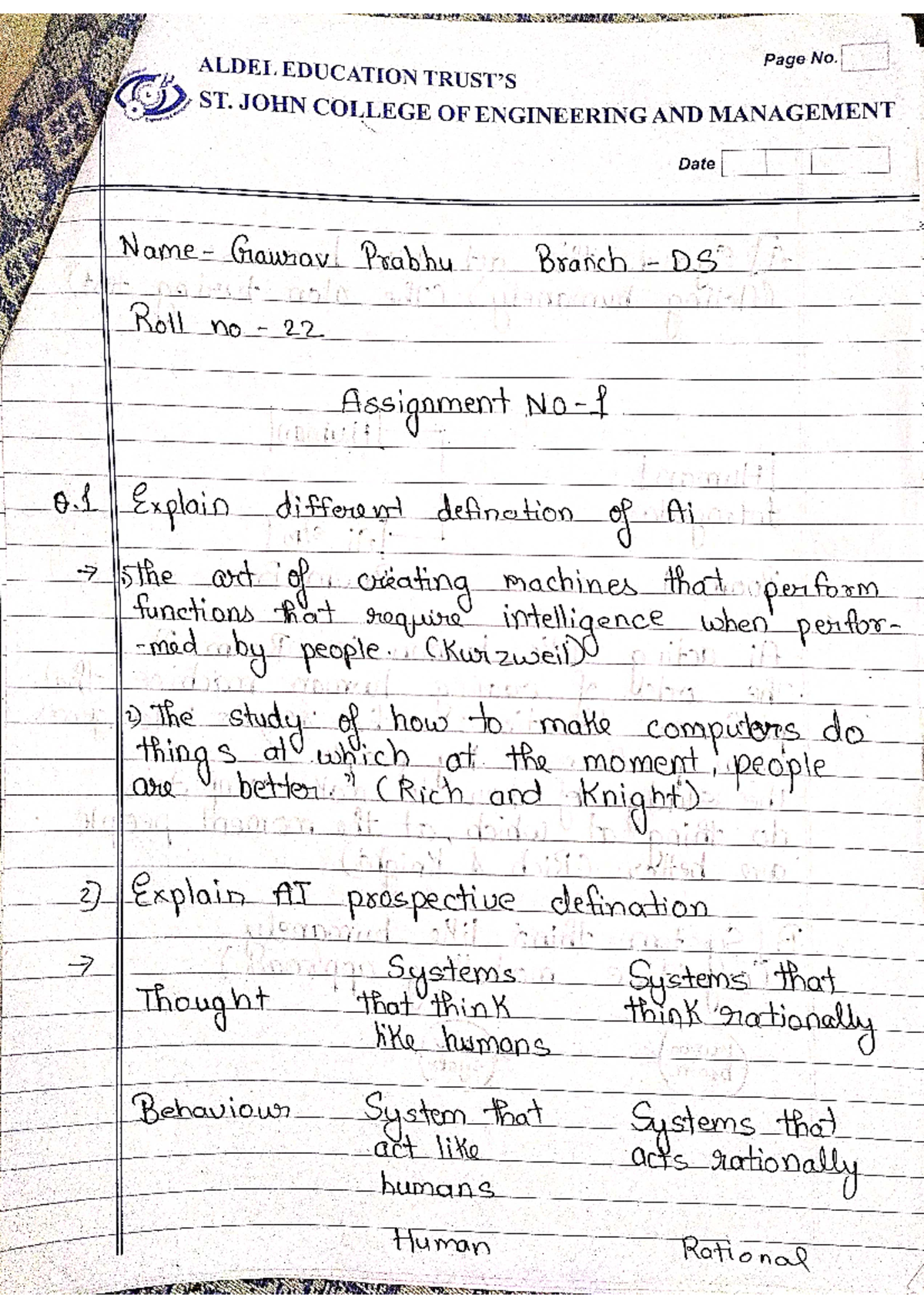 AI assignment 1 - Easy and short - ALDEL EDUCATION Page No. ST. JOHN ...