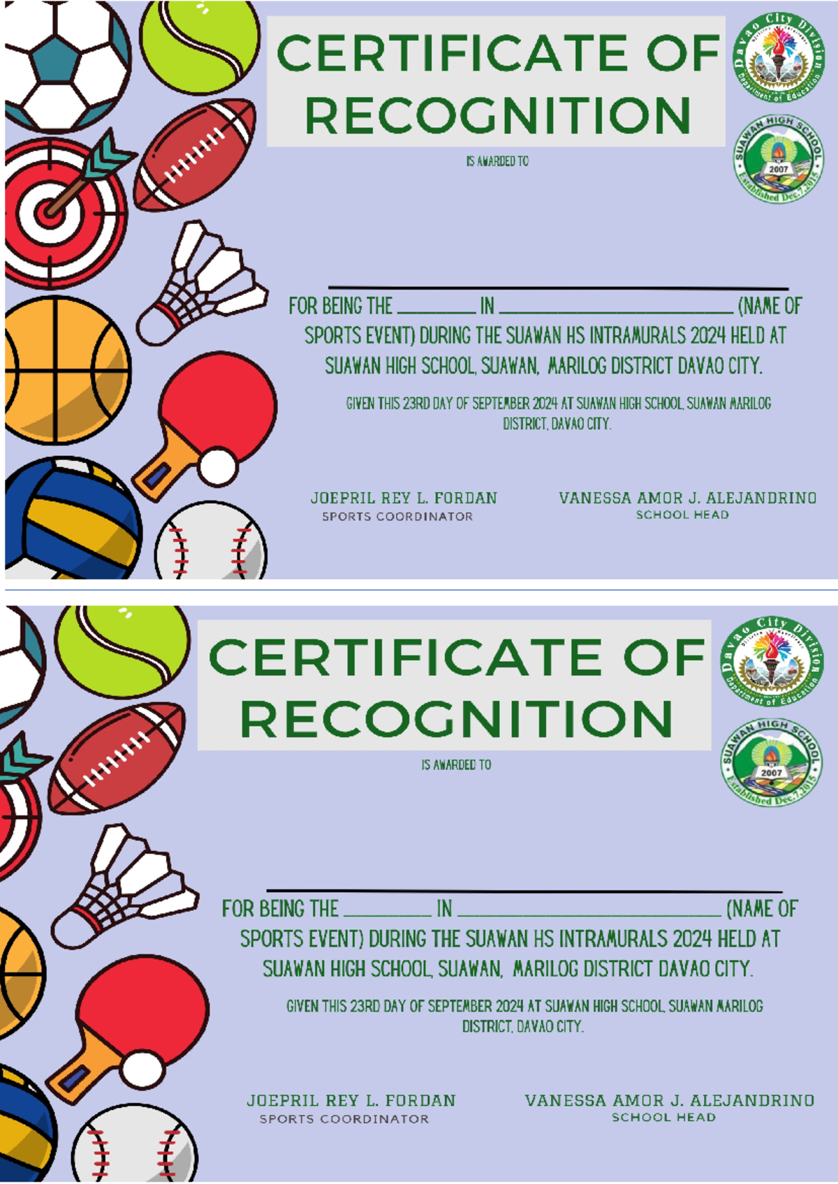 Intrams cert - none - City CERTIFICATE OF RECOGNITION HIGH SU IS ...