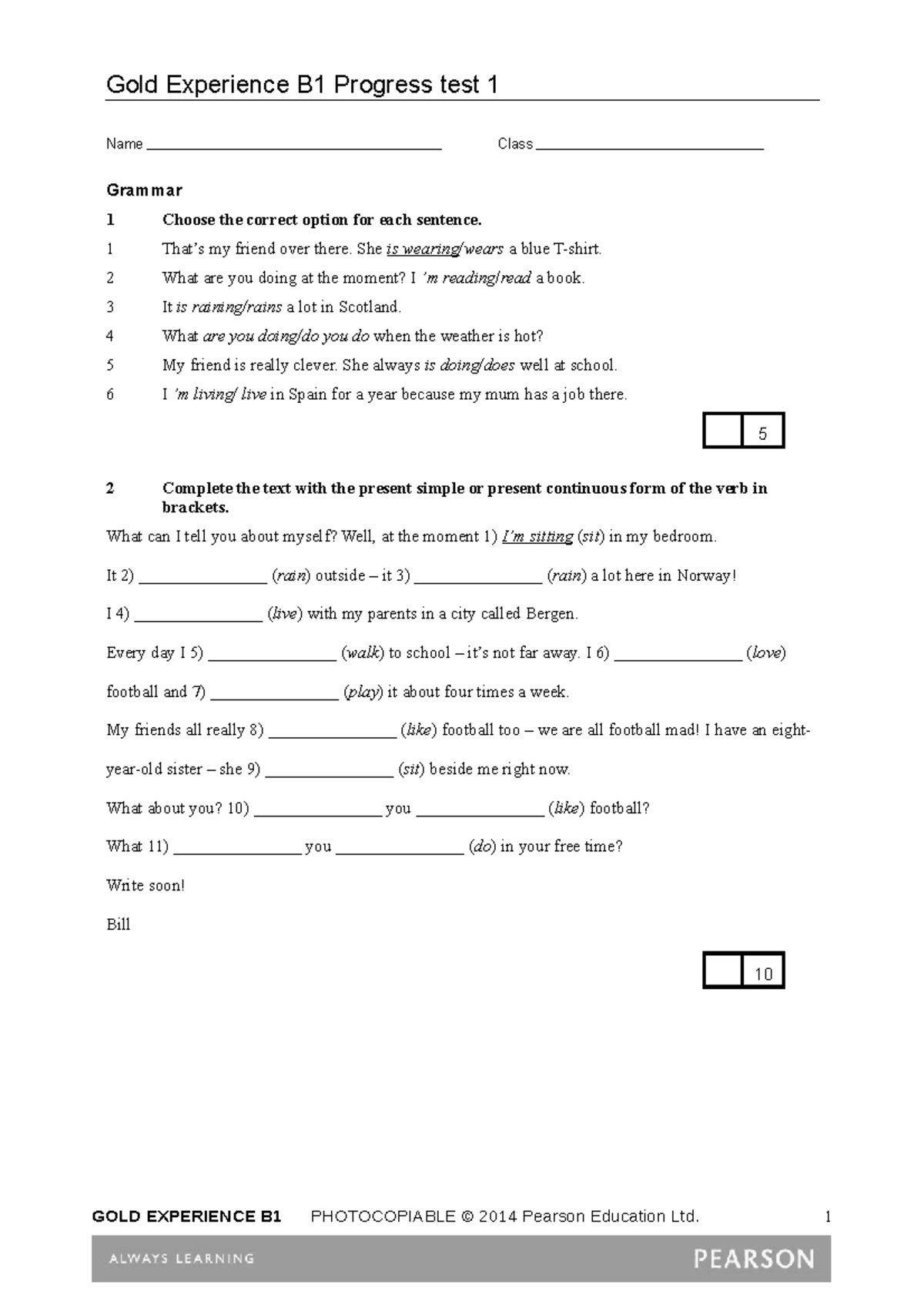 B1 Progress test 01 - Lengua extranjera I (Lengua extranjera I) - Gold ...