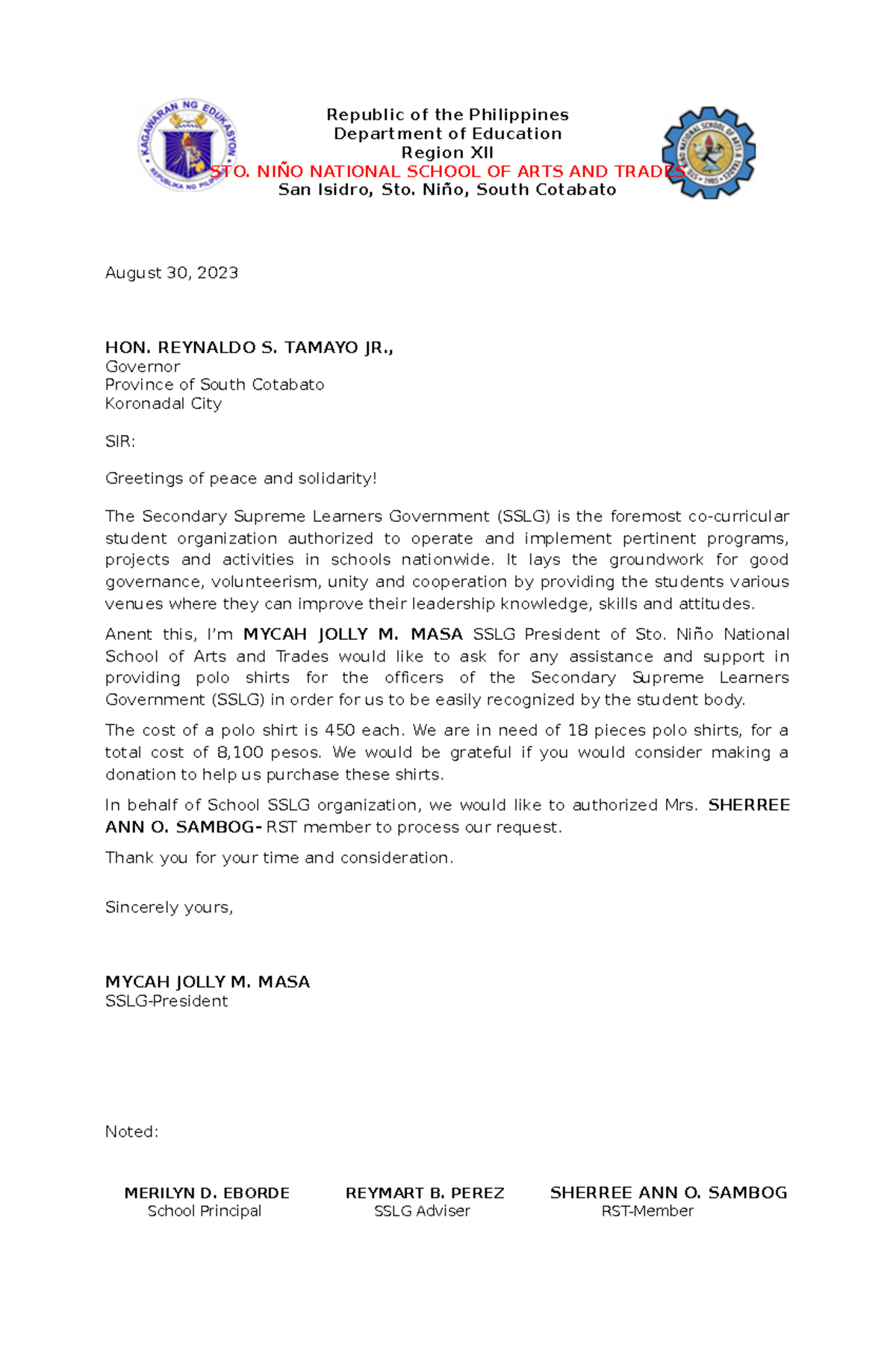 Maam shane - Letter - Republic of the Philippines Department of ...