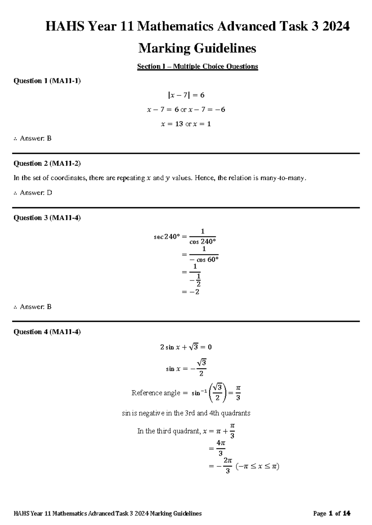 Year 11 Mathematics Advanced Task 3 2024 Marking Guidelines - HAHS Year ...