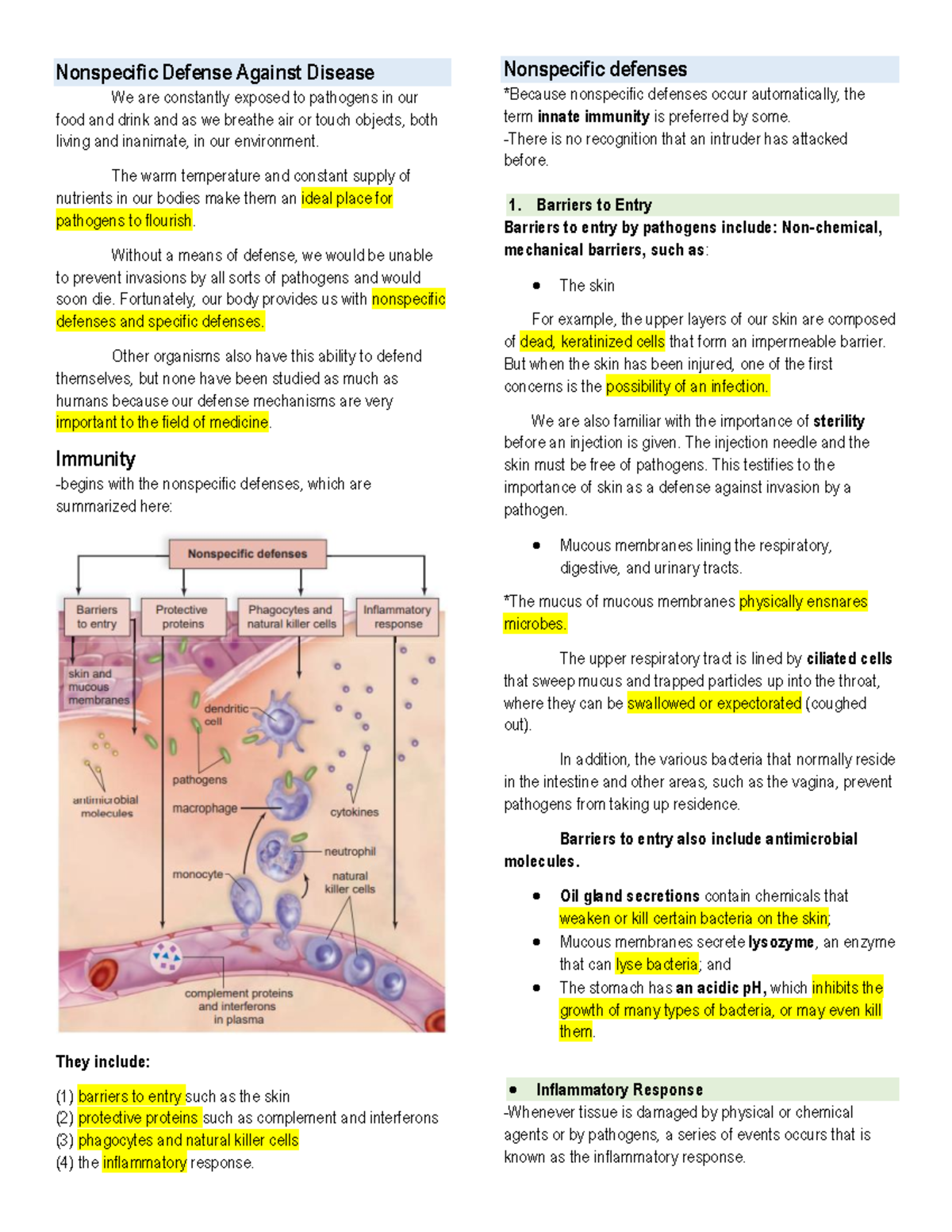 Nonspecific Defense Against Disease Immunology La Salle Dasma