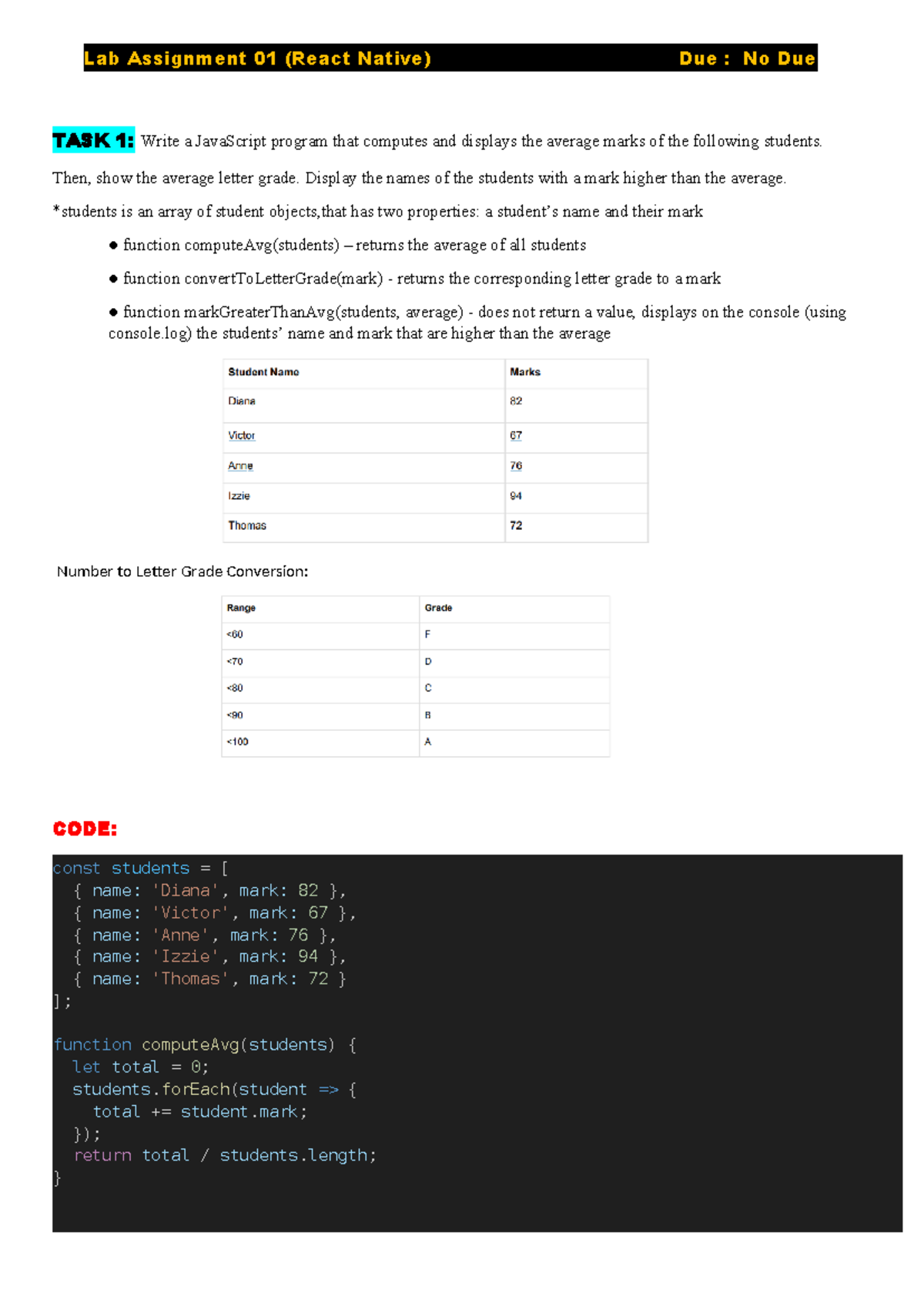 Lab Assignment - React Native - Then, show the average letter grade ...