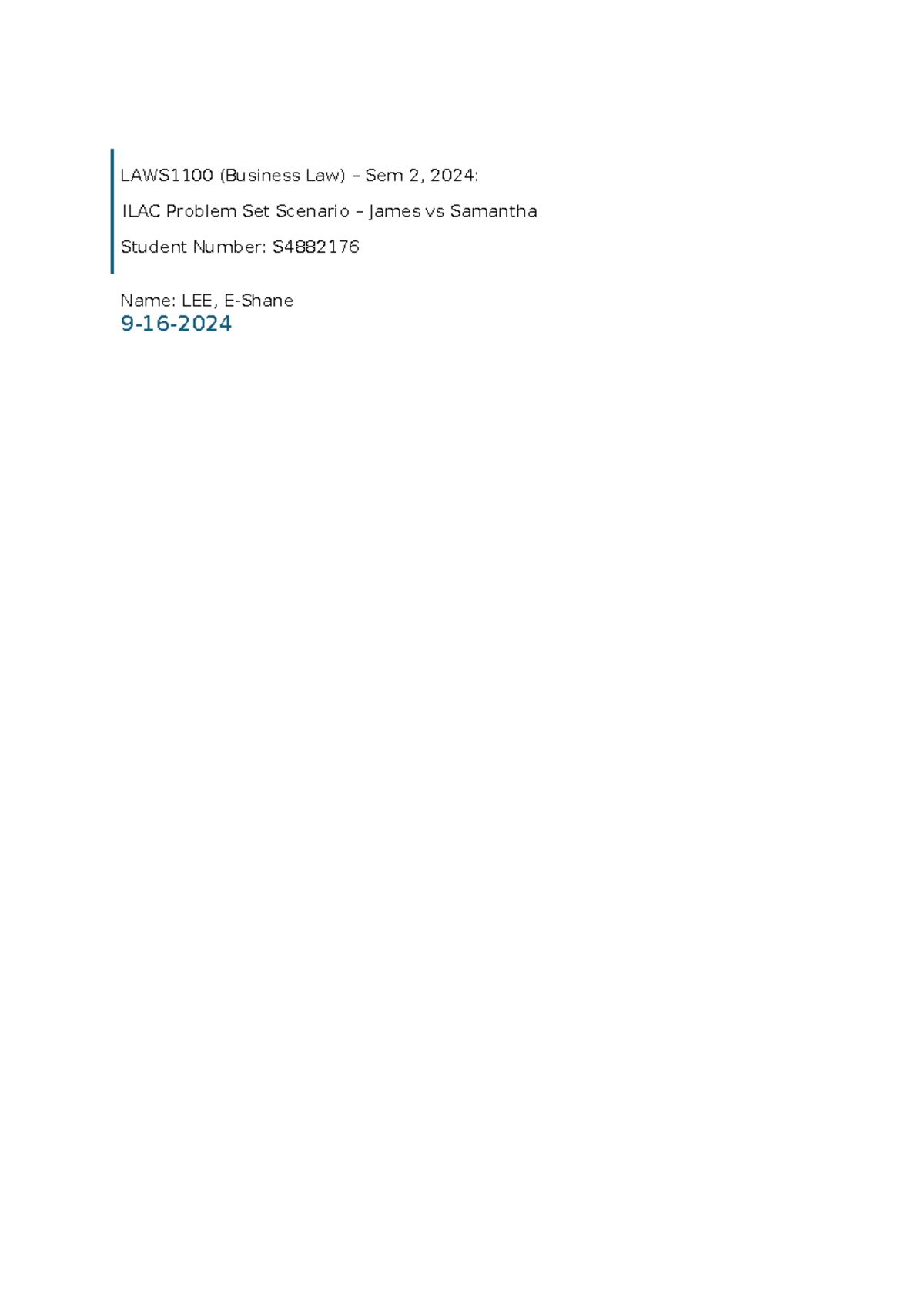 LAWS1100 Problem Set Scenario Assessment - LAWS1100 (Business Law ...