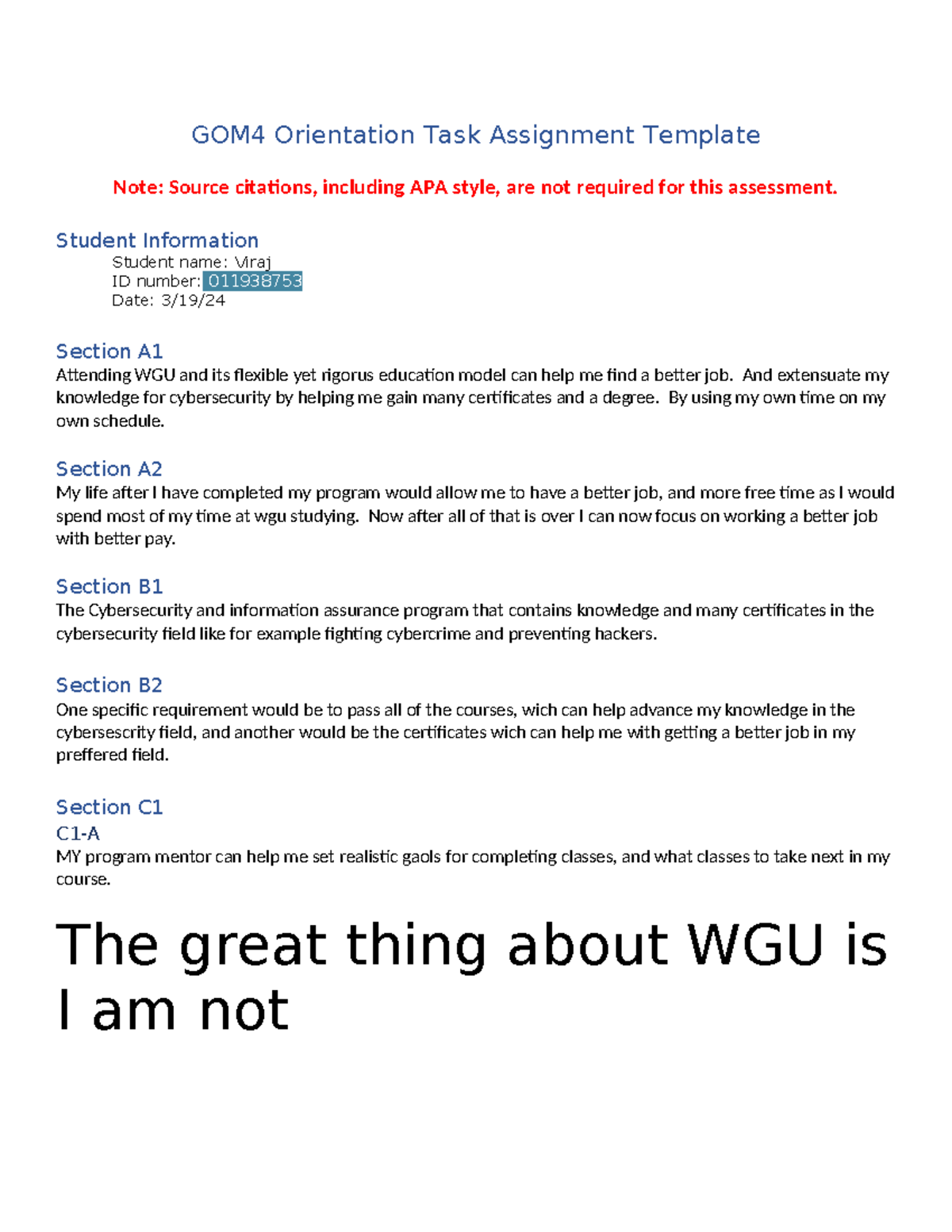 wgu orientation task assignment