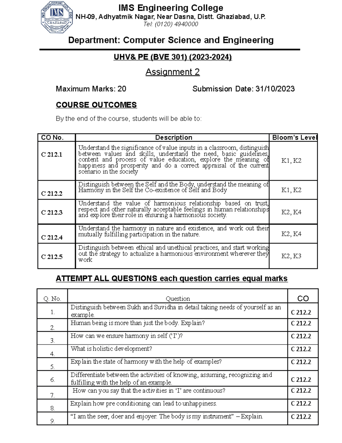 Assignment 2 Uhvandpe Ims Engineering College Nh 09 Adhyatmik Nagar Near Dasna Distt