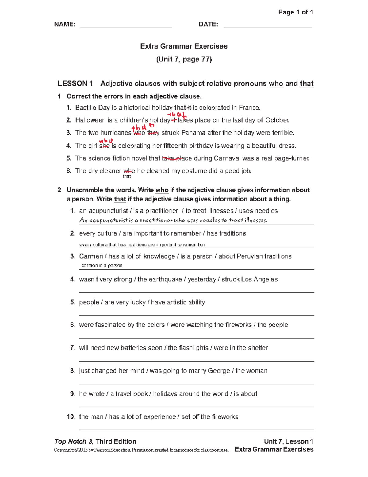 UNIT 07 Extra Gram Exercises - NAME: _________________________ DATE