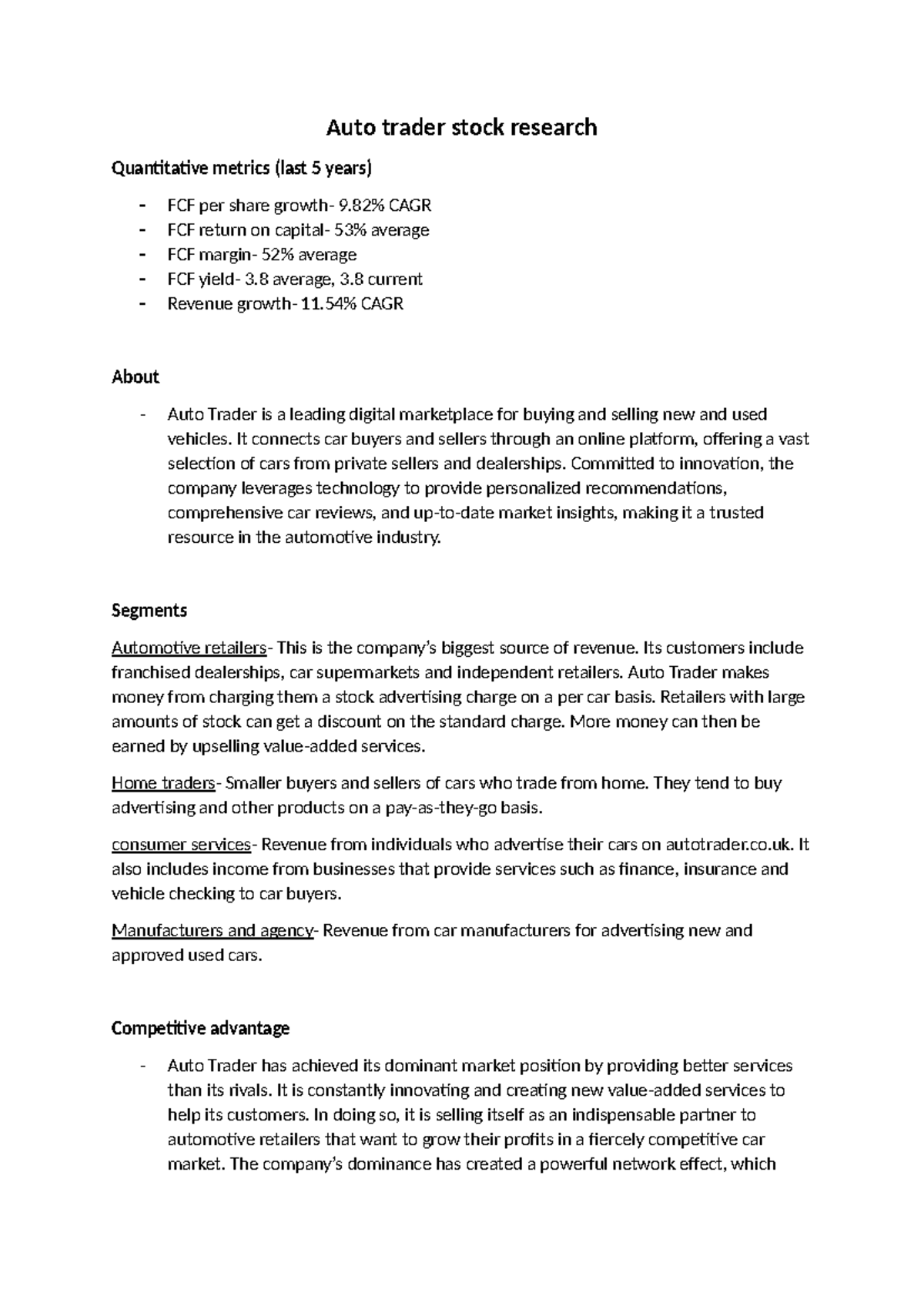AUTO - stocks research - Auto trader stock research Quantitative ...