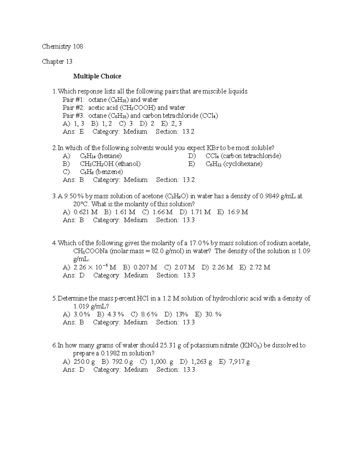 Chem108fall13 Pt Ch13 Chemistry 108 Chapter 13 Multiple Choice 1