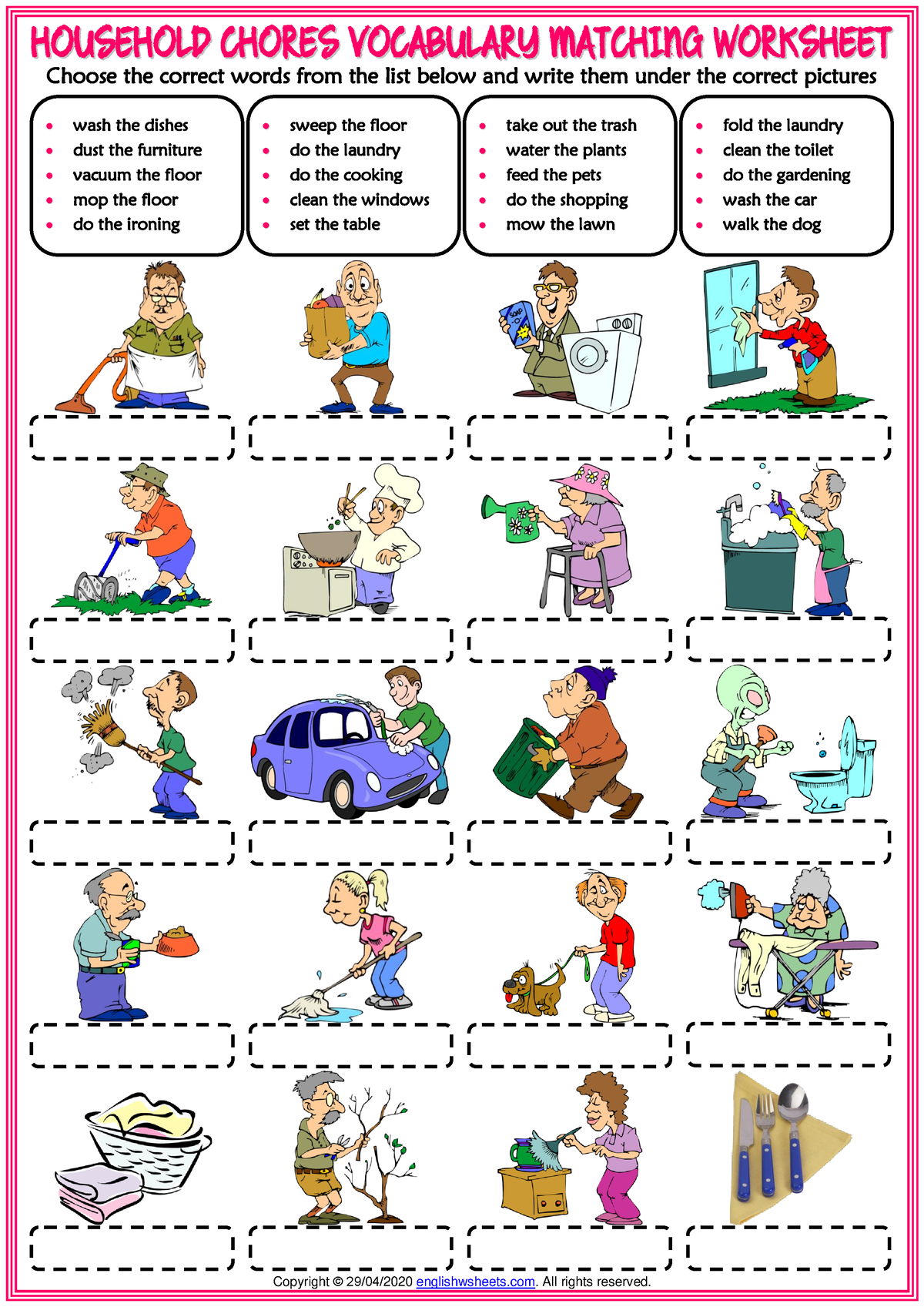 Household Chores Vocabulary Esl Matching Exercise Worksheet For Kids 