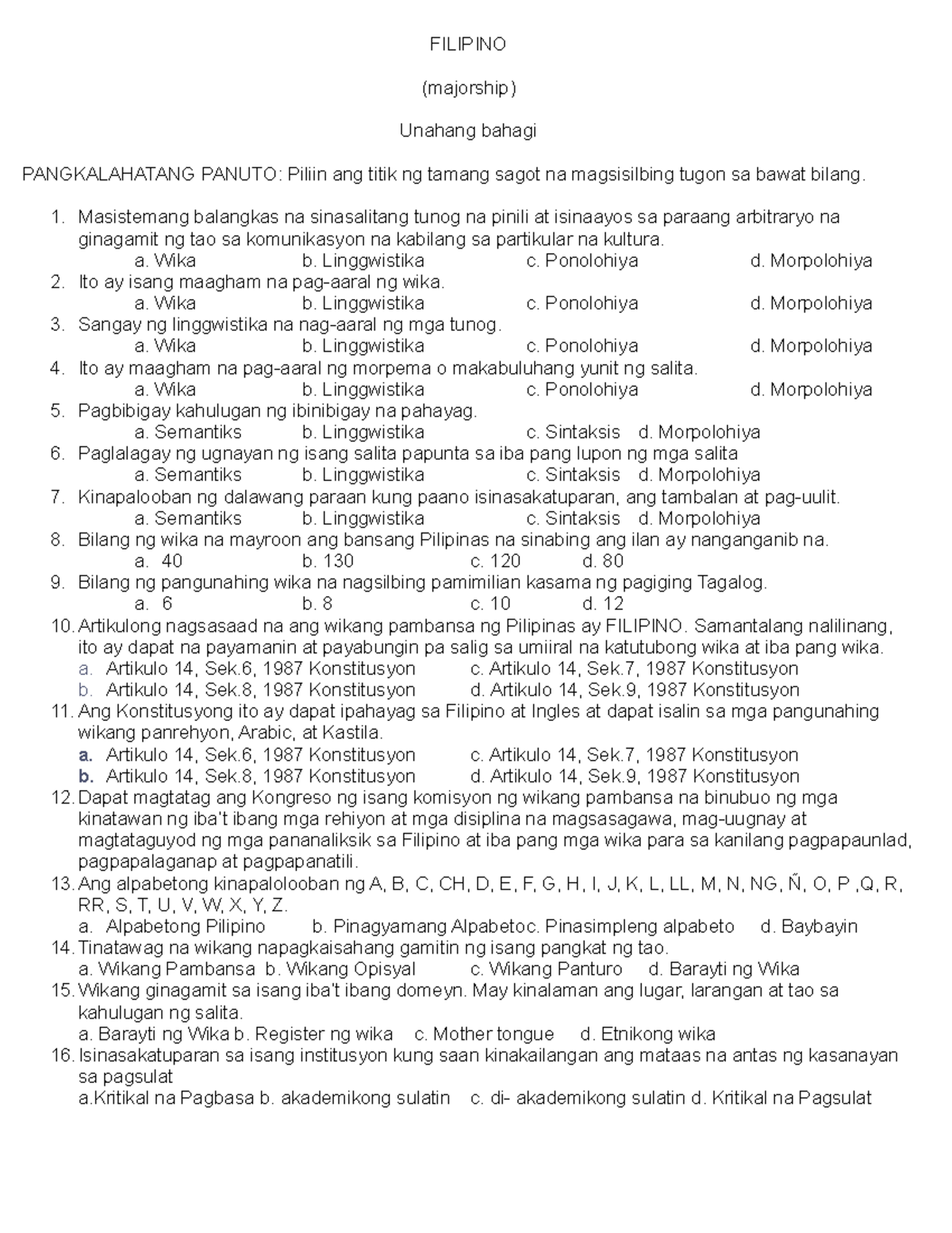 Unang Bahagi Ng Pagtataya - FILIPINO (majorship) Unahang Bahagi ...