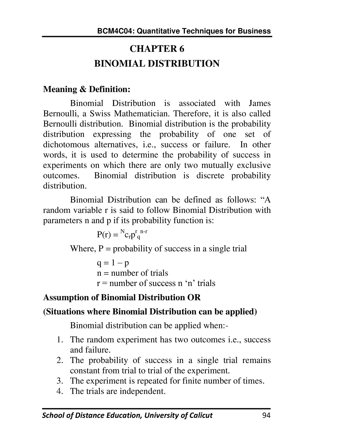 Binomial distribution CHAPTER 6 BINOMIAL DISTRIBUTION Meaning