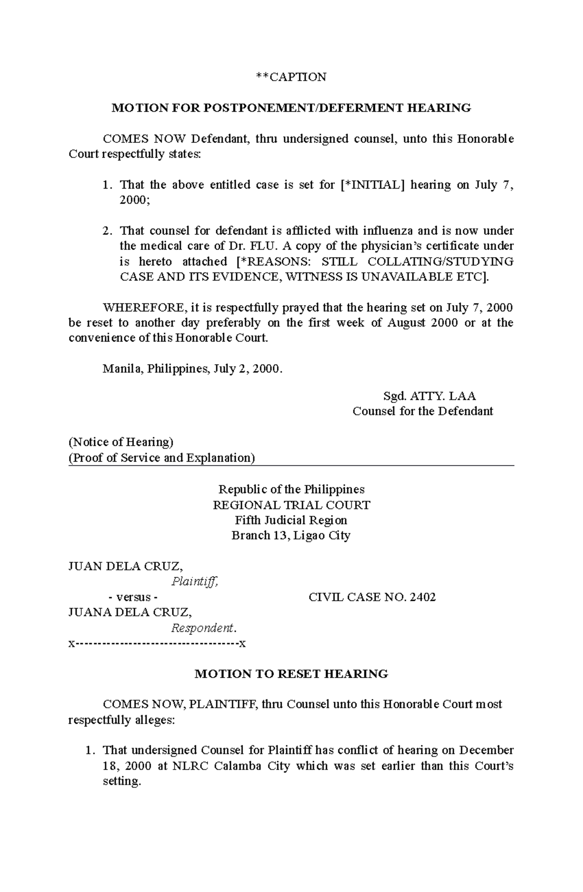 128096946 Motions For Deferment Postponement Resetting And Pre Trial 