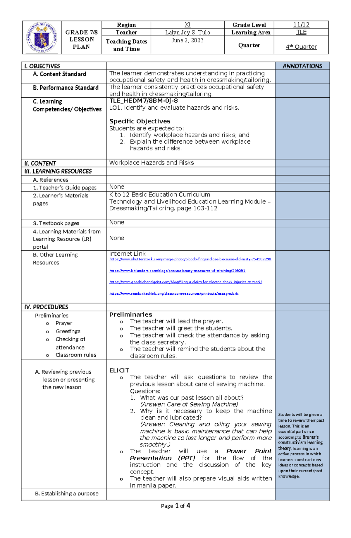 Lesson Plan Workplace Hazards and Risks - GRADE 7/ LESSON PLAN Region ...