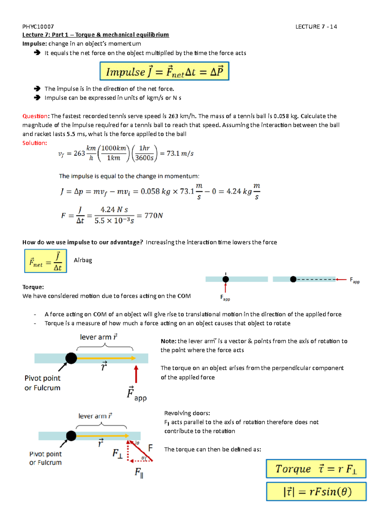 Energy and Transport ALL Lecture Notes - Lecture 7: Part 1 – Torque ...