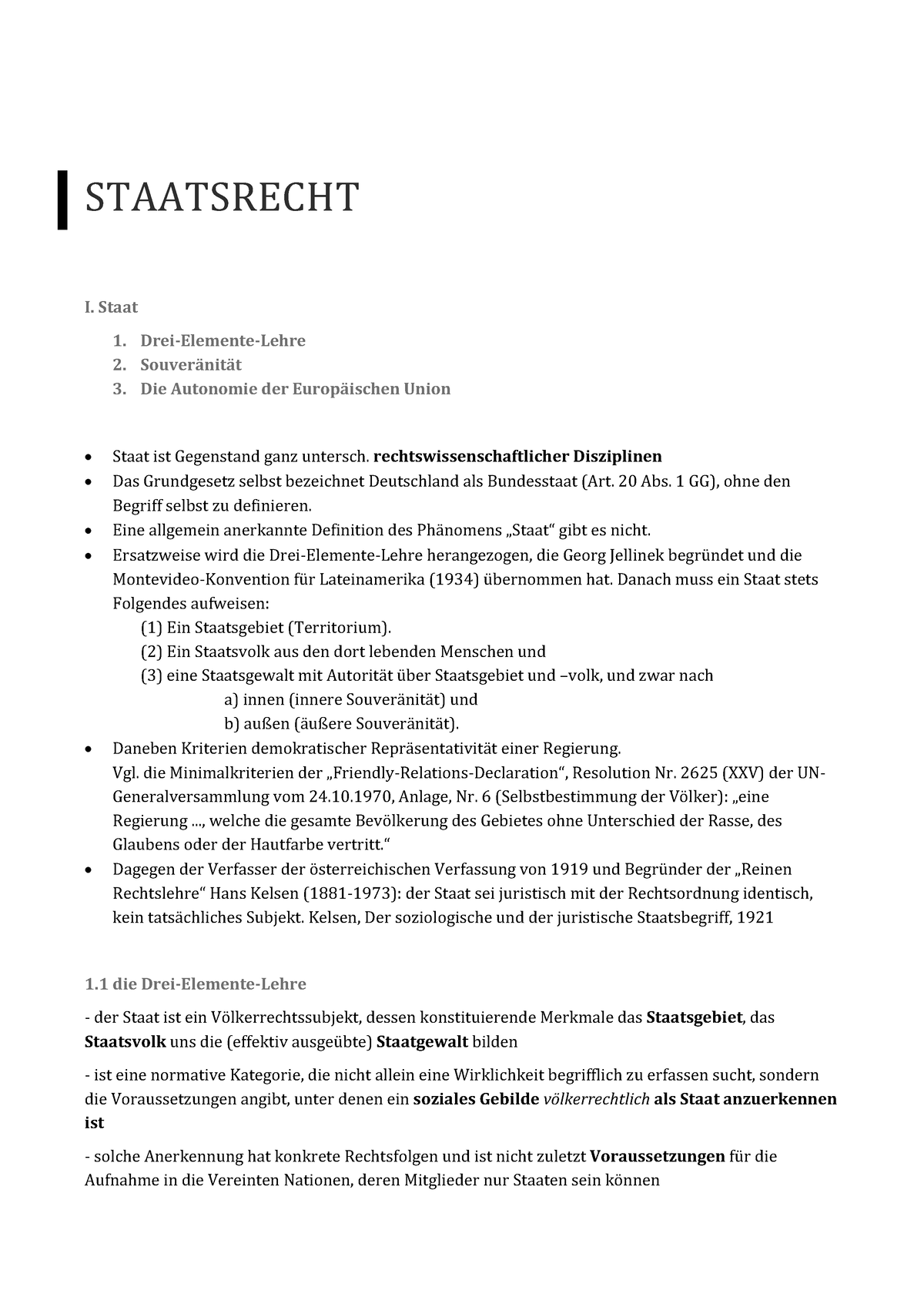 Lernzettel Staatsrecht I - STAATSRECHT I. Staat Drei-Elemente-Lehre ...