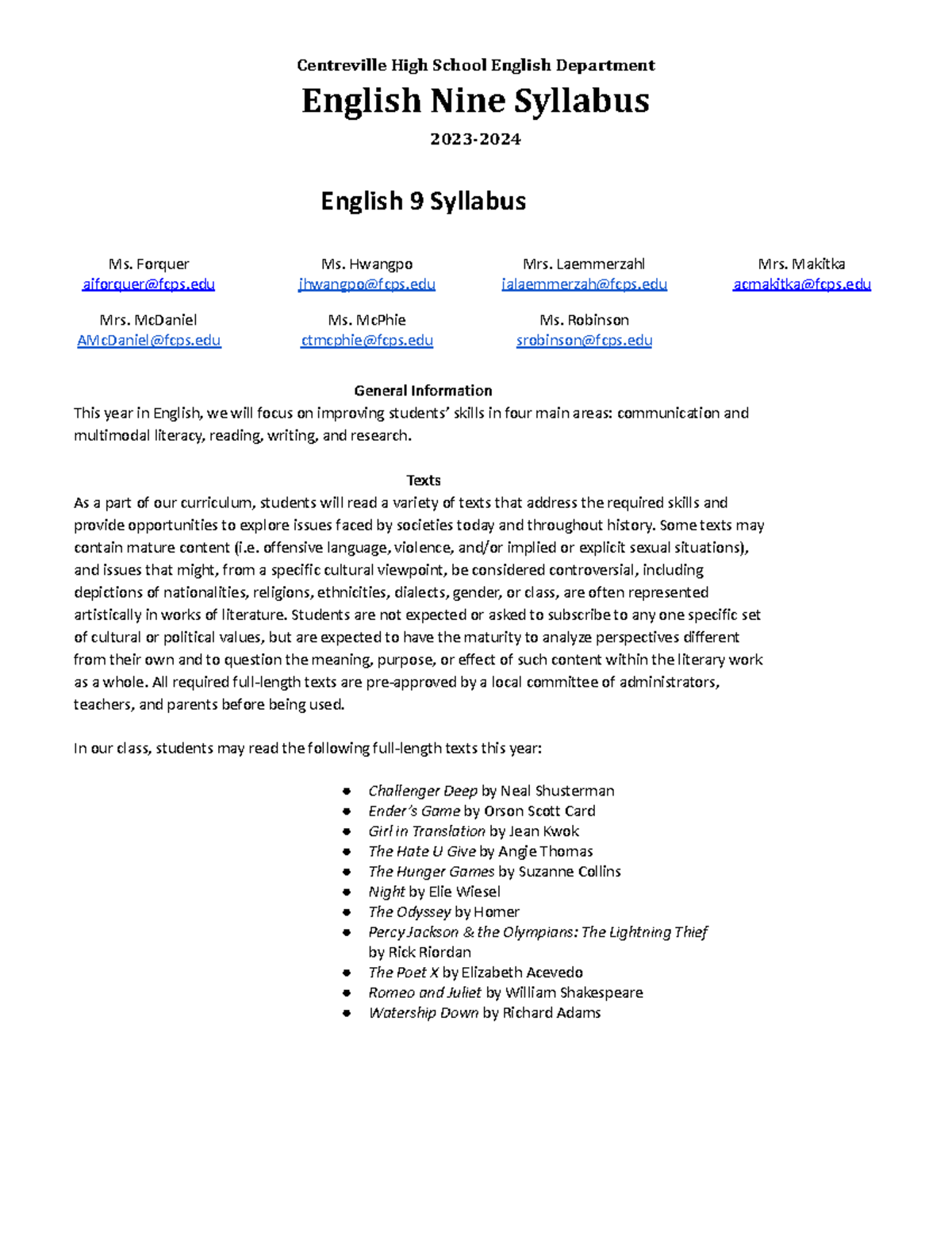 English+9+Syllabus+(2024-2025)+ - Centreville High School English ...