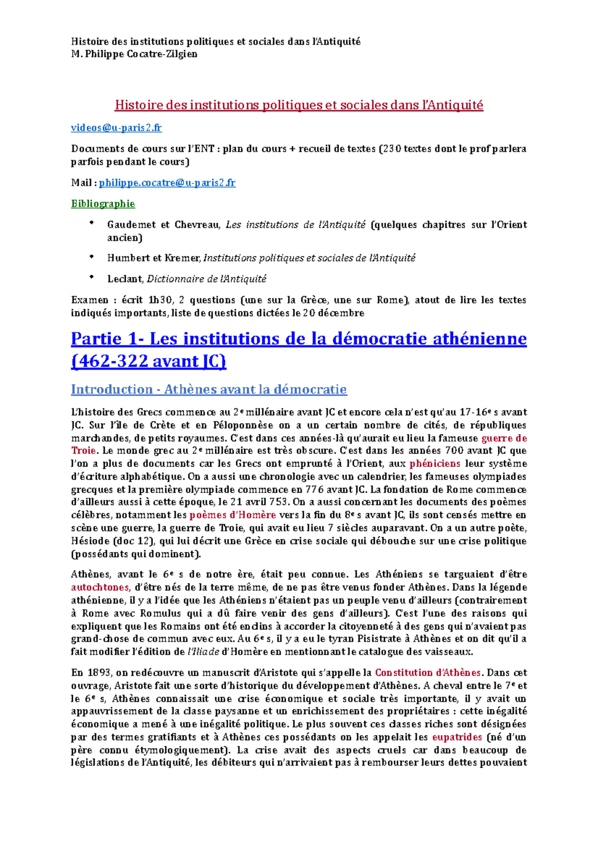 Histoire des institutions politiques et sociales dans l'antiquité M