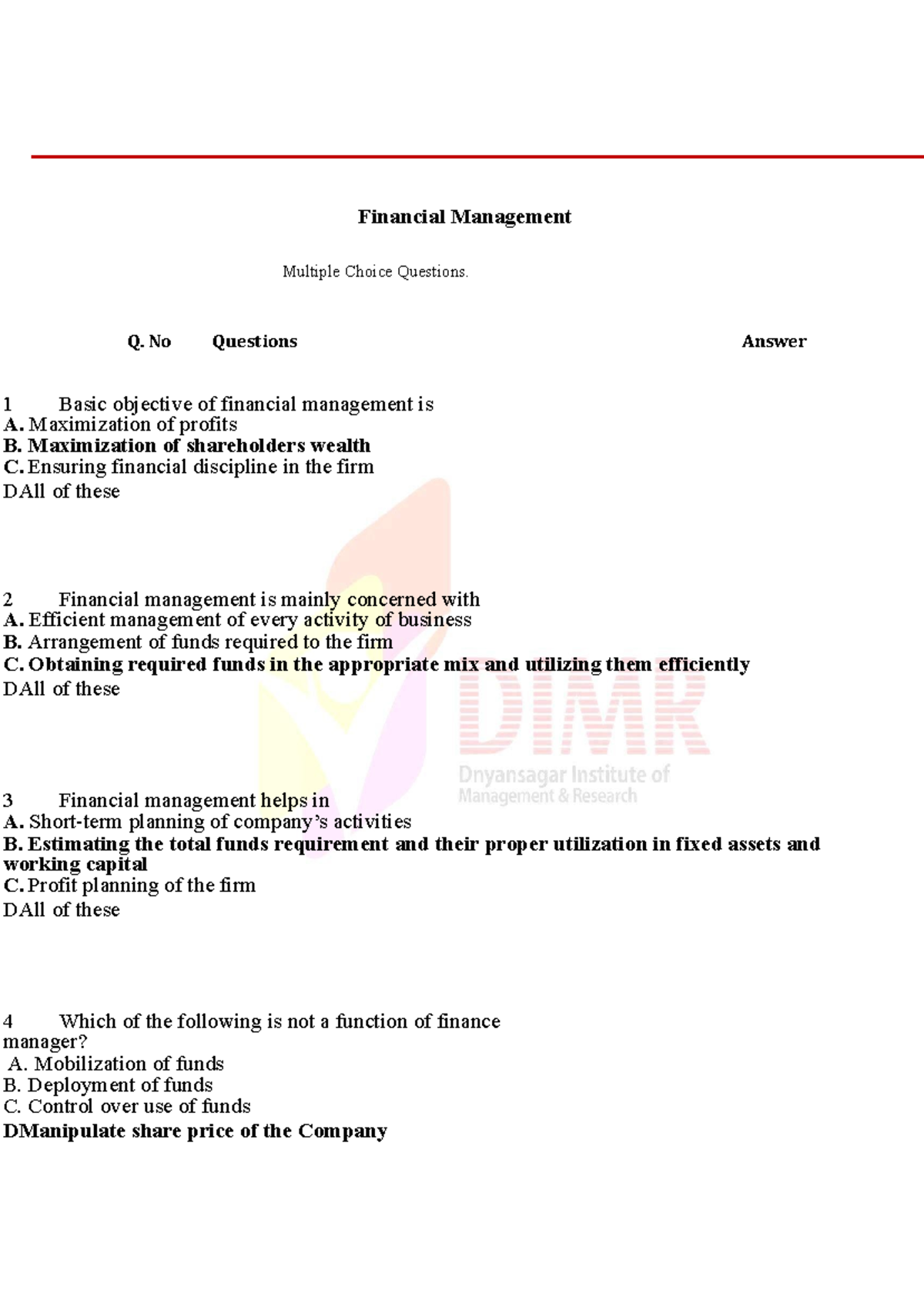 Financial Management-MCQs - Financial Management Multiple Choice ...