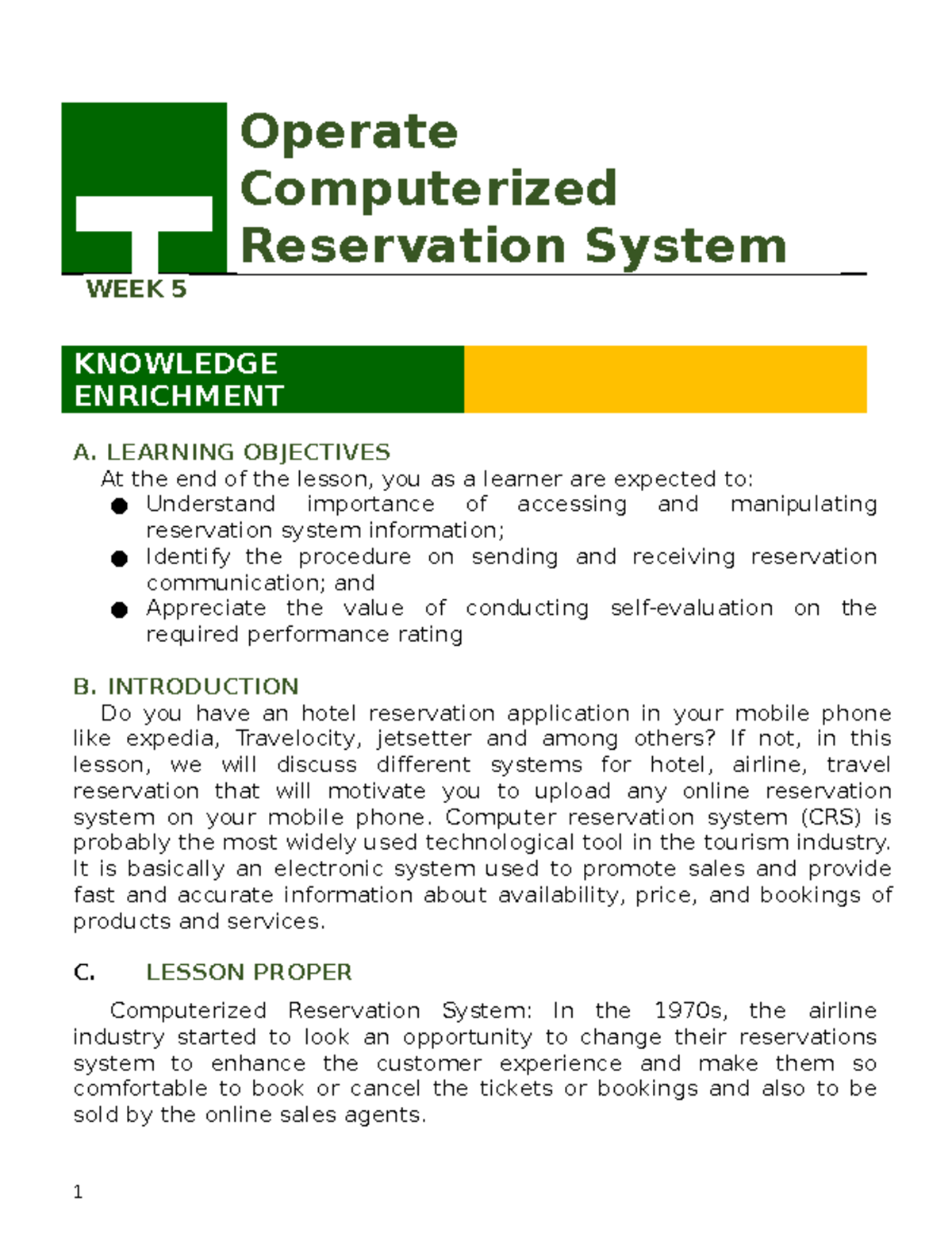 Front office Modules 5-8 - LESSON 5 Operate Computerized Reservation ...