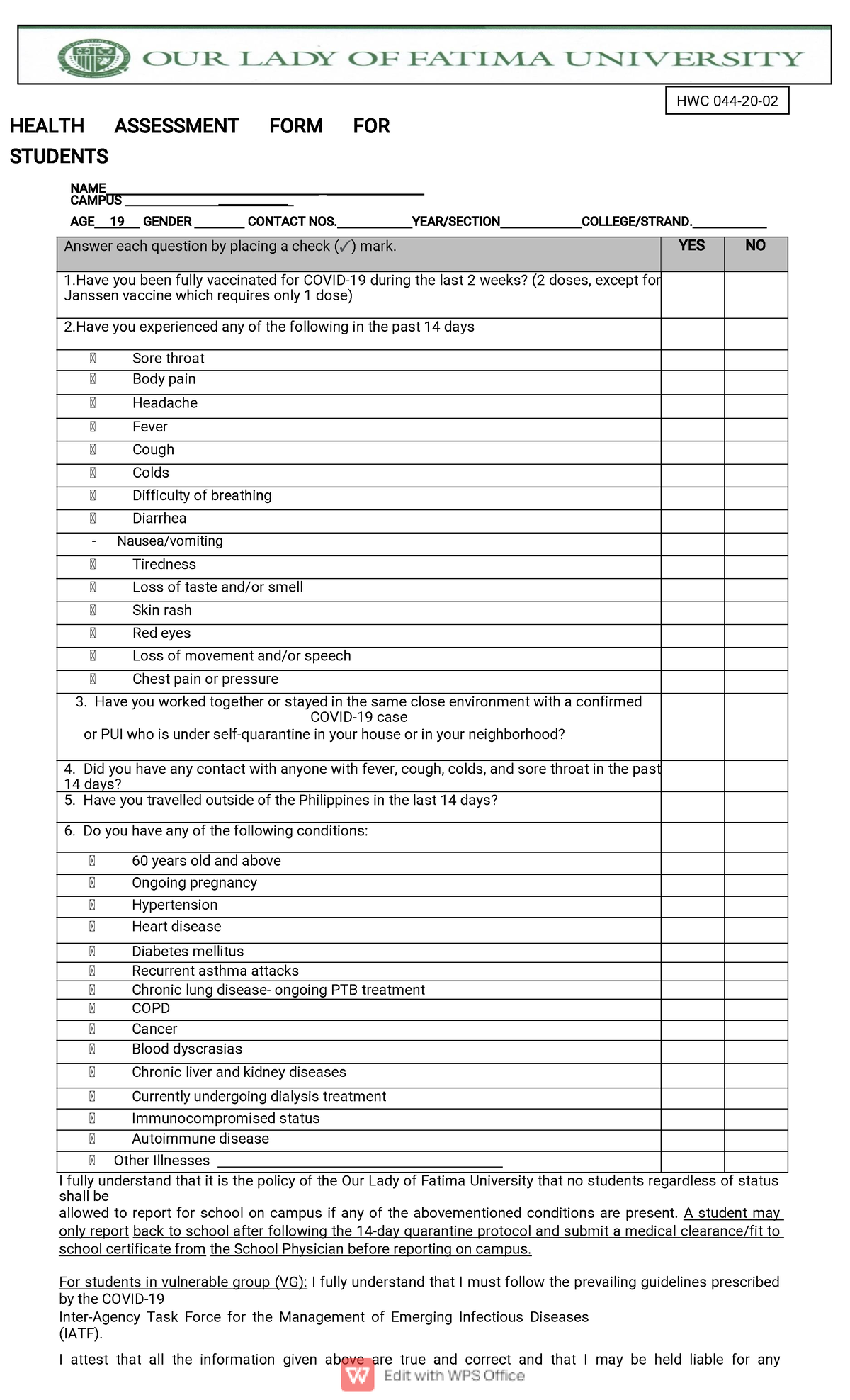 Health Assessment Form for Student 02 1 - HWC 044-20- HEALTH ASSESSMENT ...