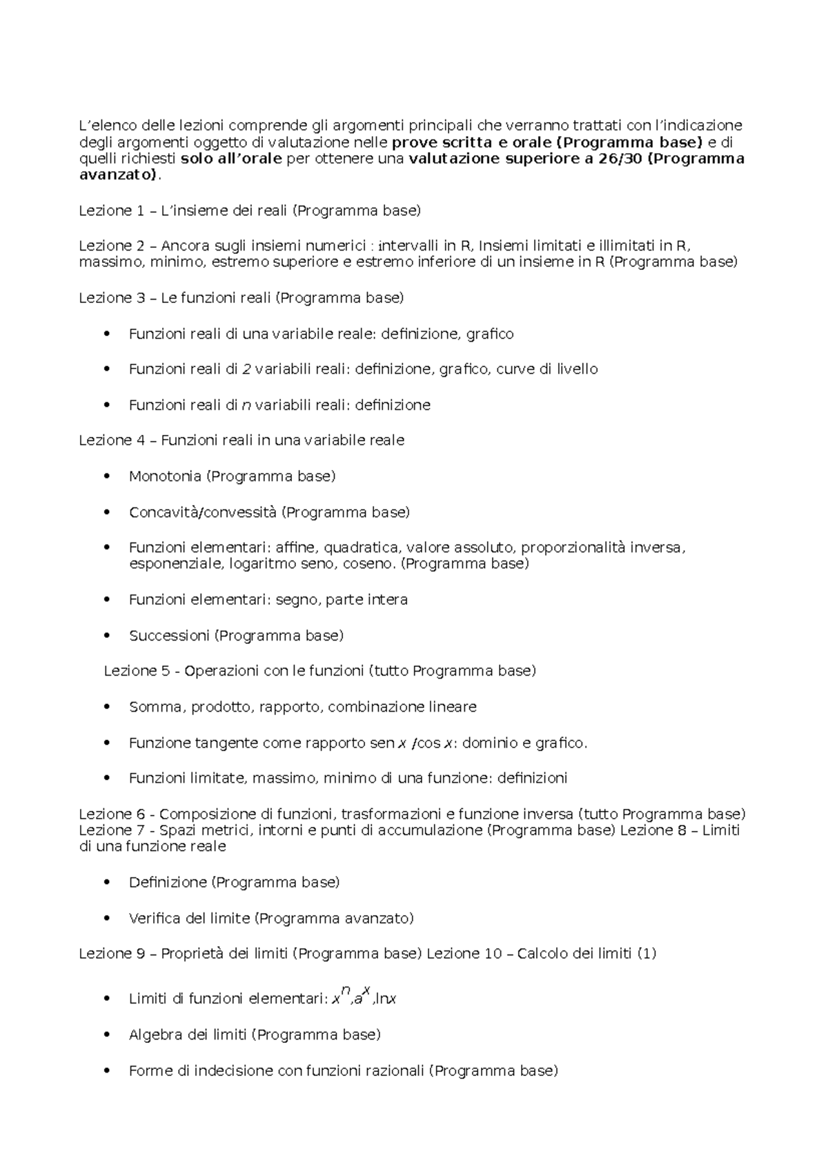 Matematica Programma - L’elenco Delle Lezioni Comprende Gli Argomenti ...