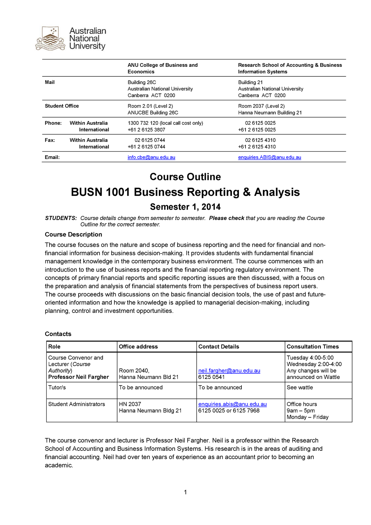 BUSN1001 Course Outline - ANU College Of Business And Economics ...