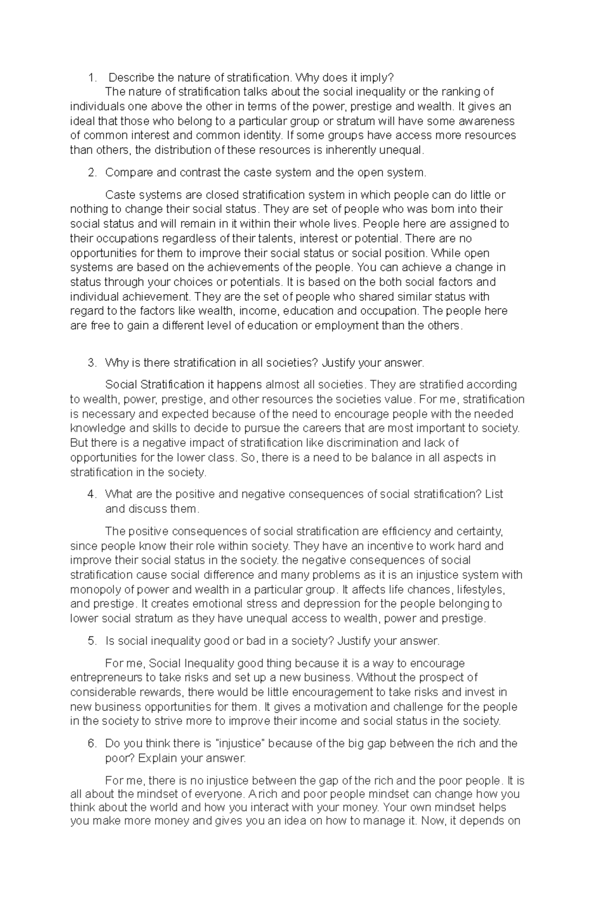 Essay - STRA - Sffvbh - Describe the nature of stratification. Why does ...
