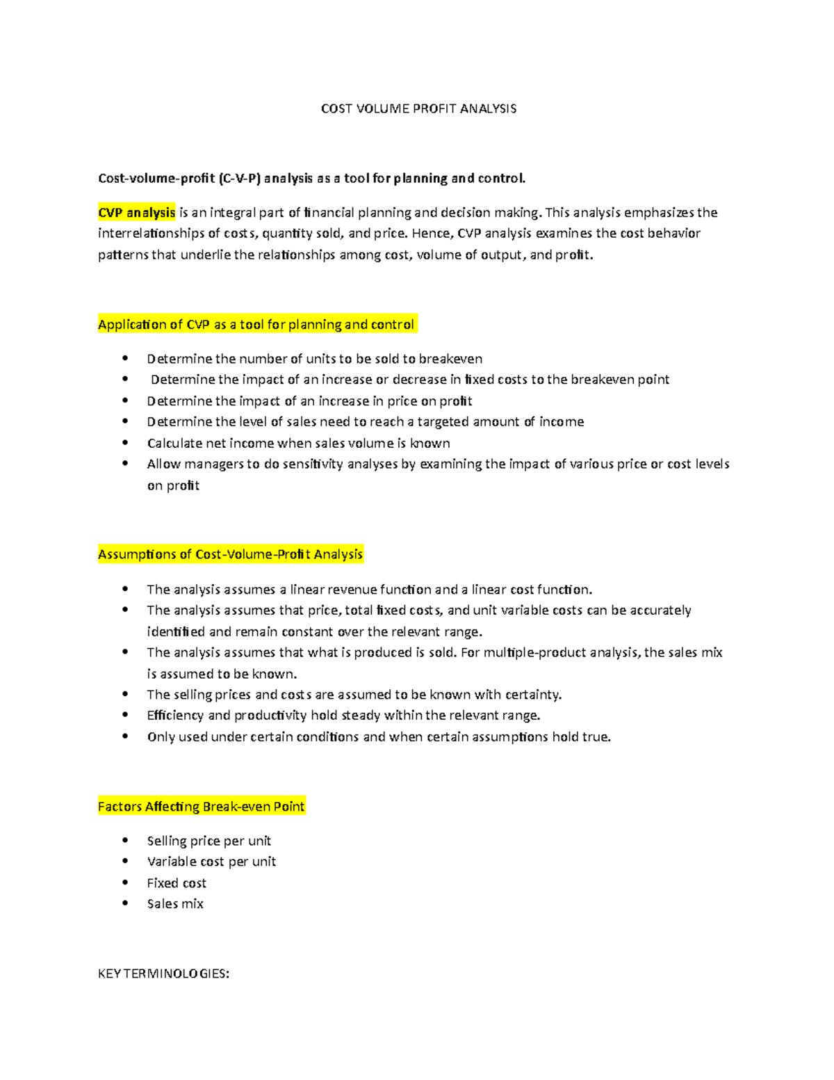 COST Volume Profit Analysis - COST VOLUME PROFIT ANALYSIS Cost-volume ...