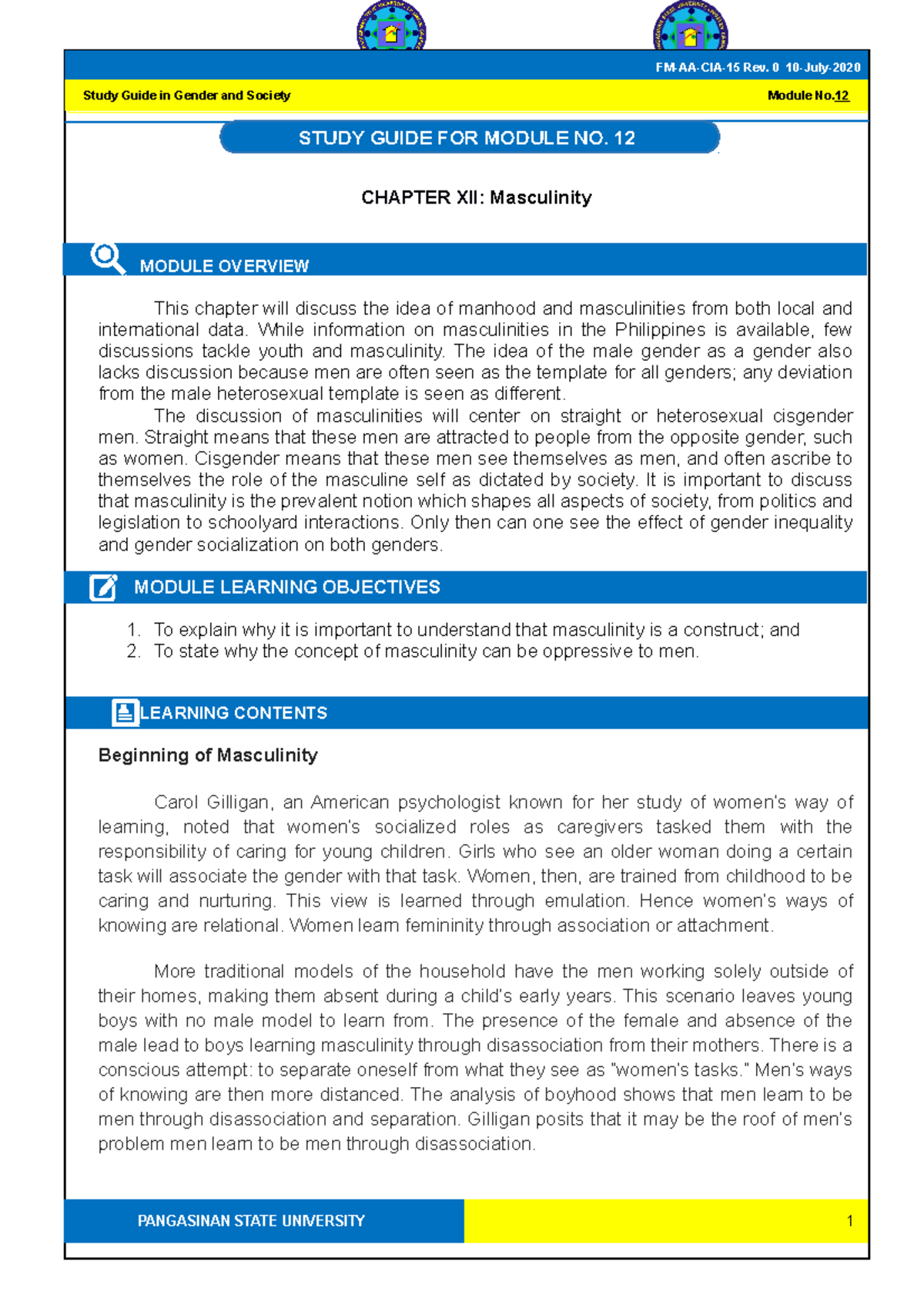 GEE2-Module-12 Masculinity - Gender And Society - PangSU - Studocu