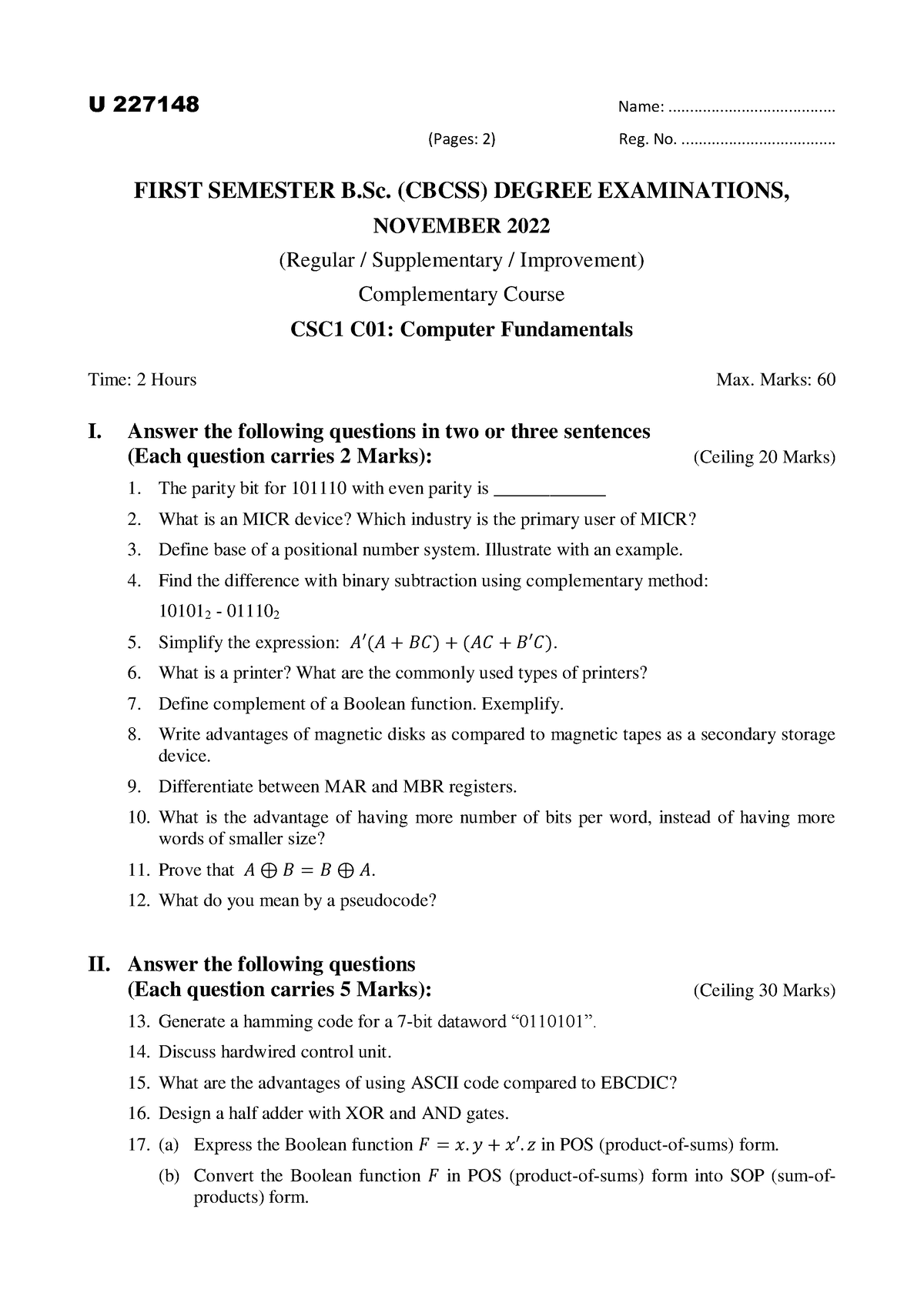 CSC1 C01 Computer Fundamentals - U 227148 Name ...